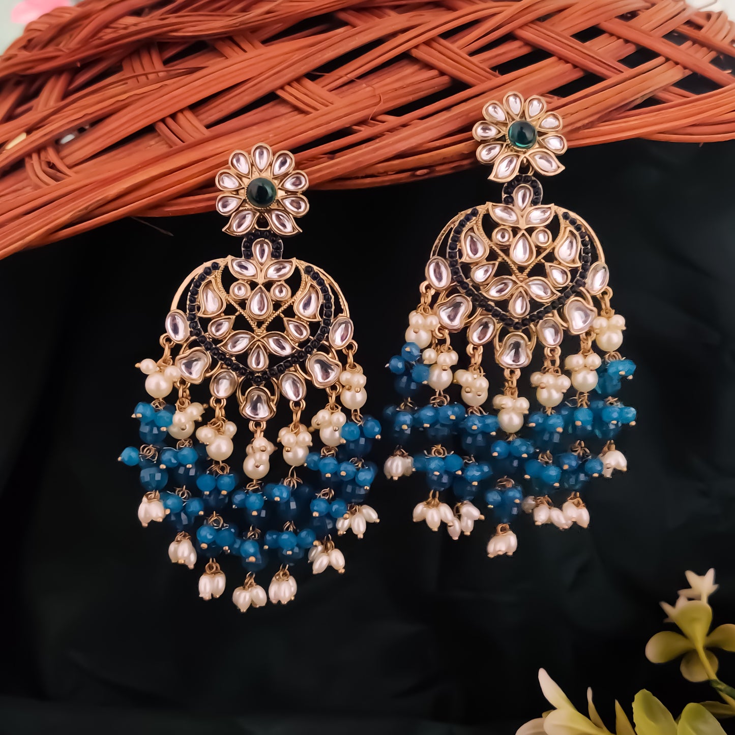 Aayat Kundan Pearl Chandbali Earrings - Firozi