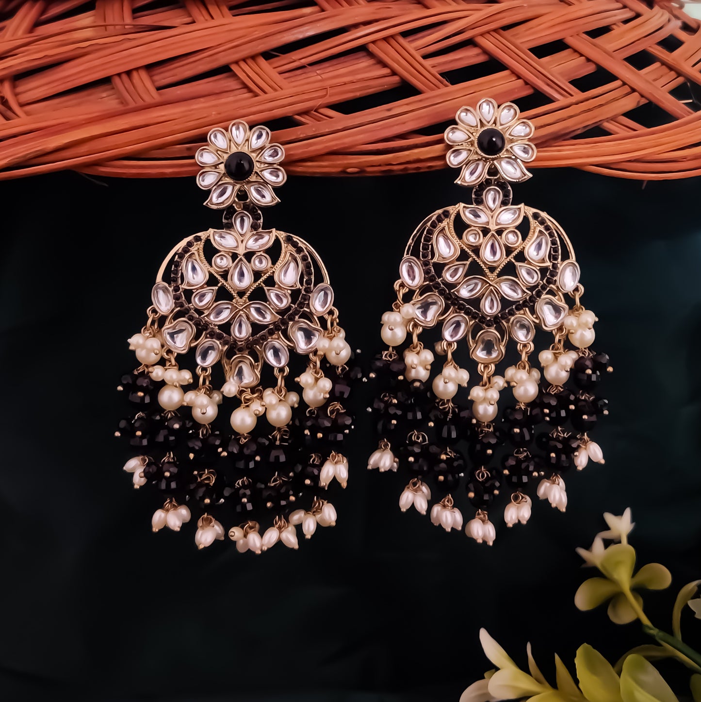 Aayat Kundan Pearl Chandbali Earrings - Black