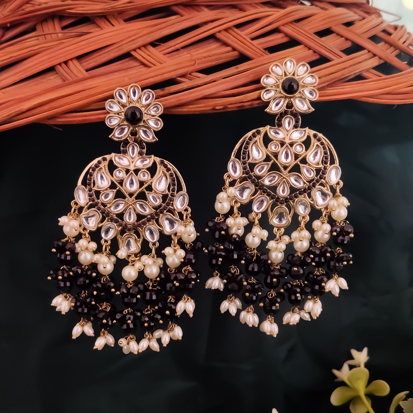 Aayat Kundan Pearl Chandbali Earrings - Black