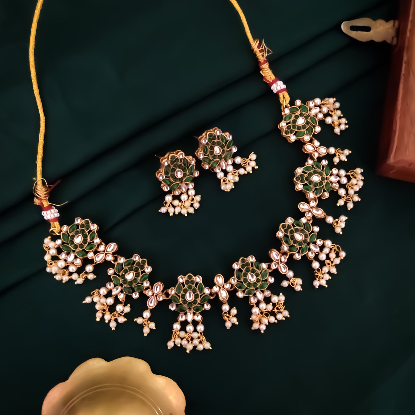 Kumudini Lotus Pearl Necklace Set - Green