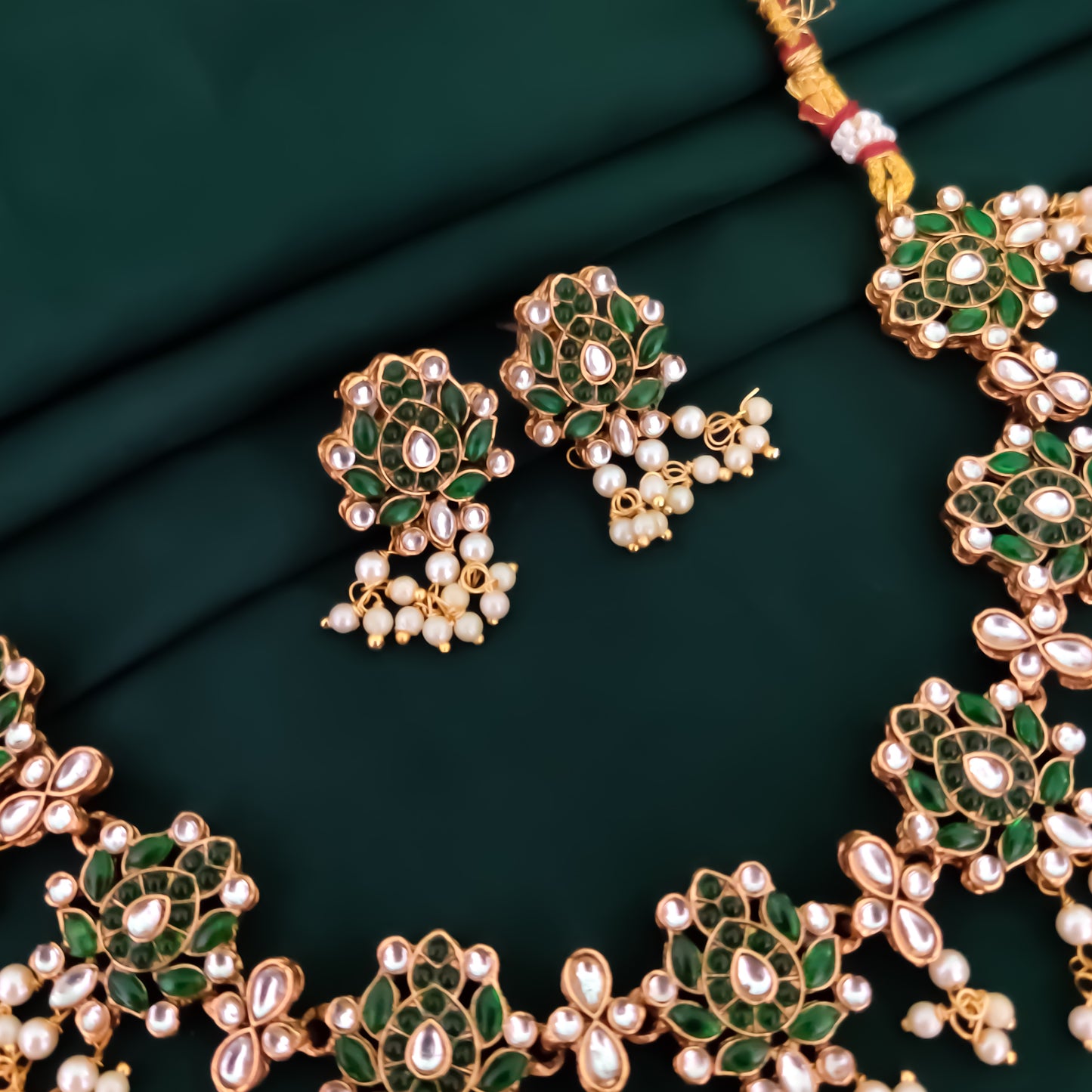 Kumudini Lotus Pearl Necklace Set - Green