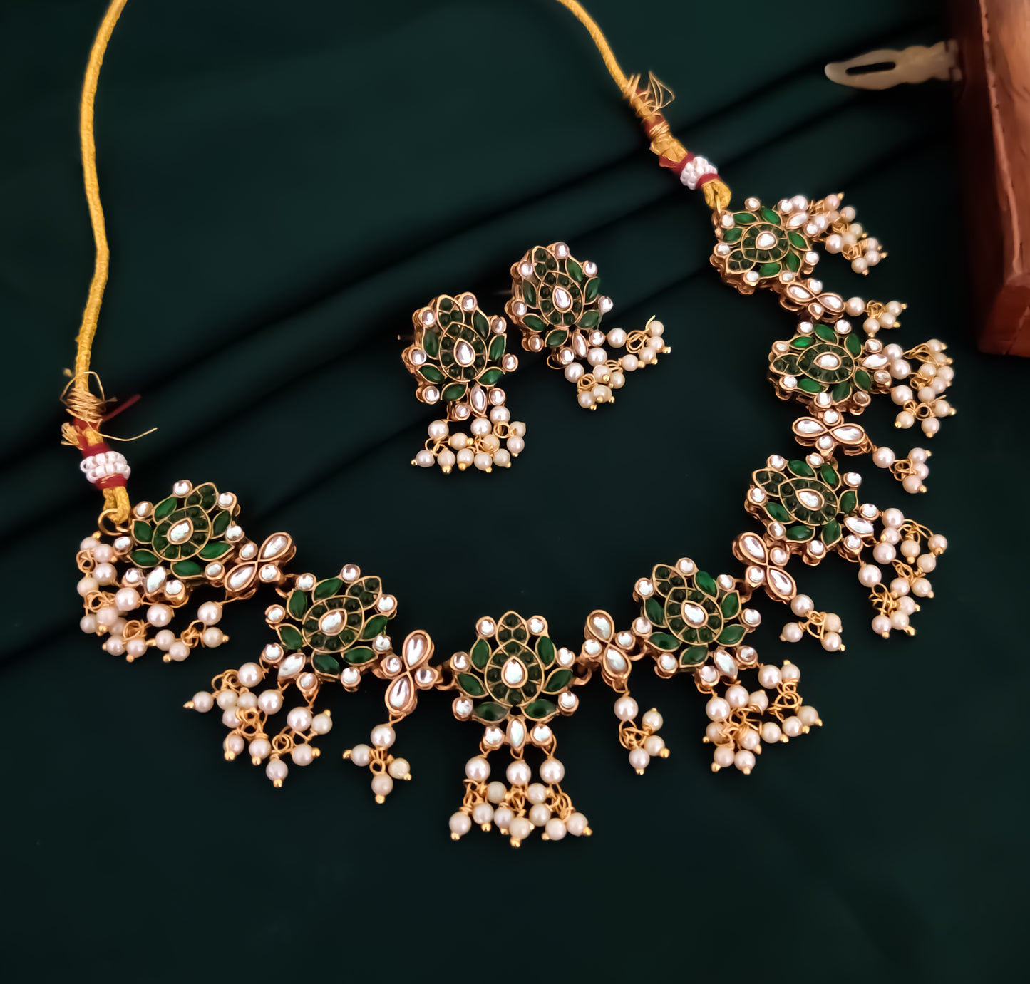 Kumudini Lotus Pearl Necklace Set - Green