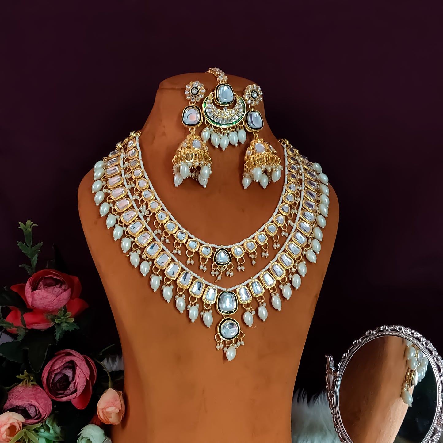 Deep Double layer Kundan Necklace Set - Golden