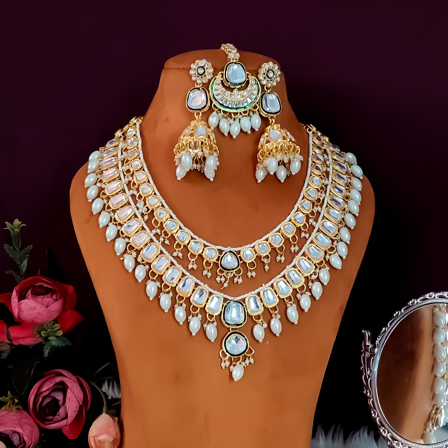 Deep Double layer Kundan Necklace Set - Golden