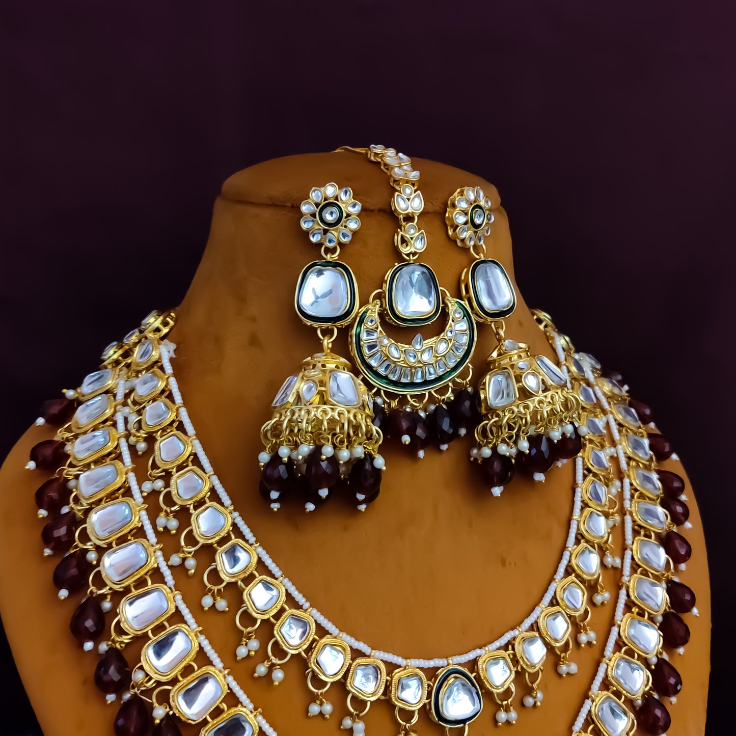 Deep Double layer Kundan Necklace Set - Maroon