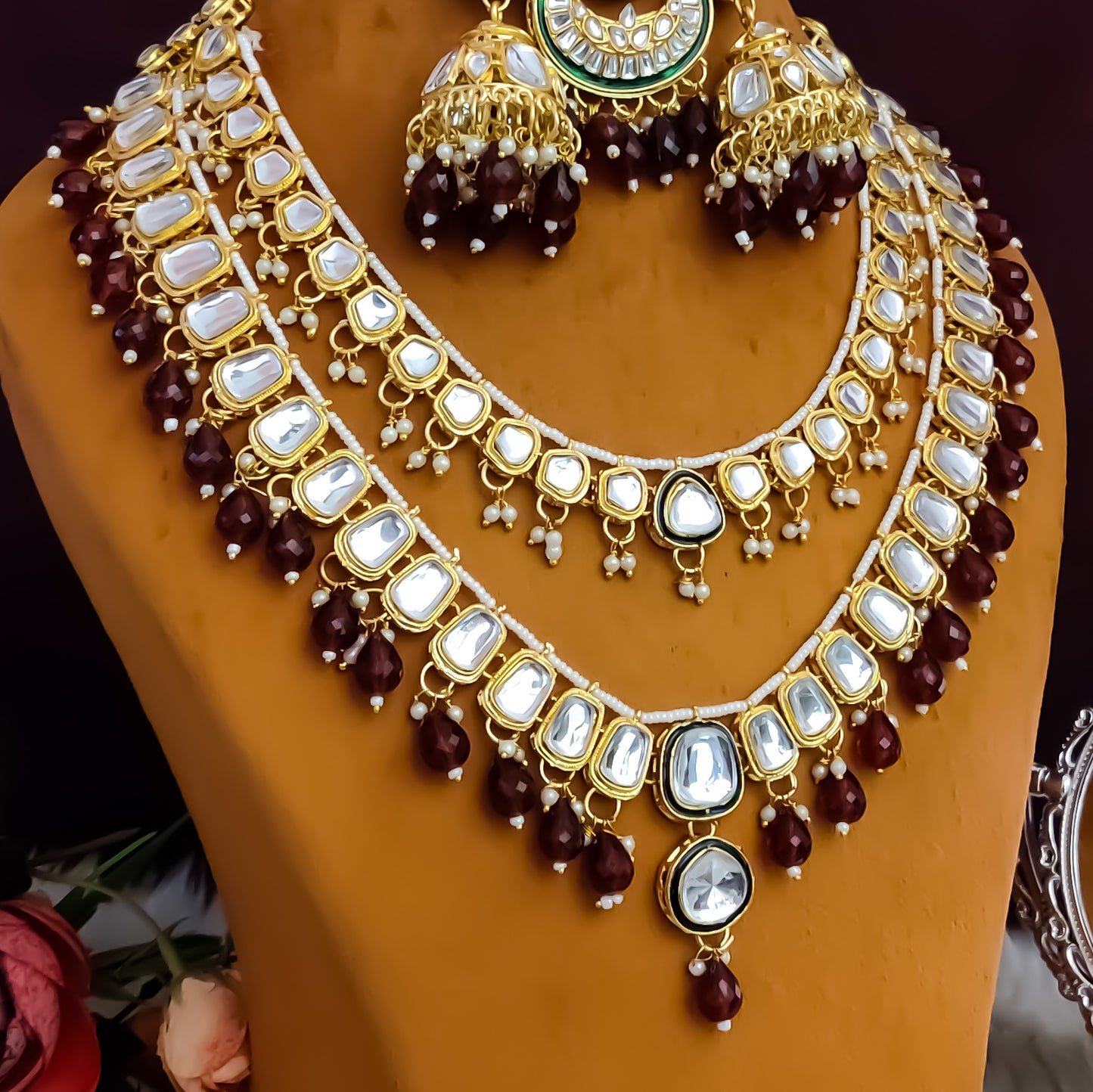 Deep Double layer Kundan Necklace Set - Maroon