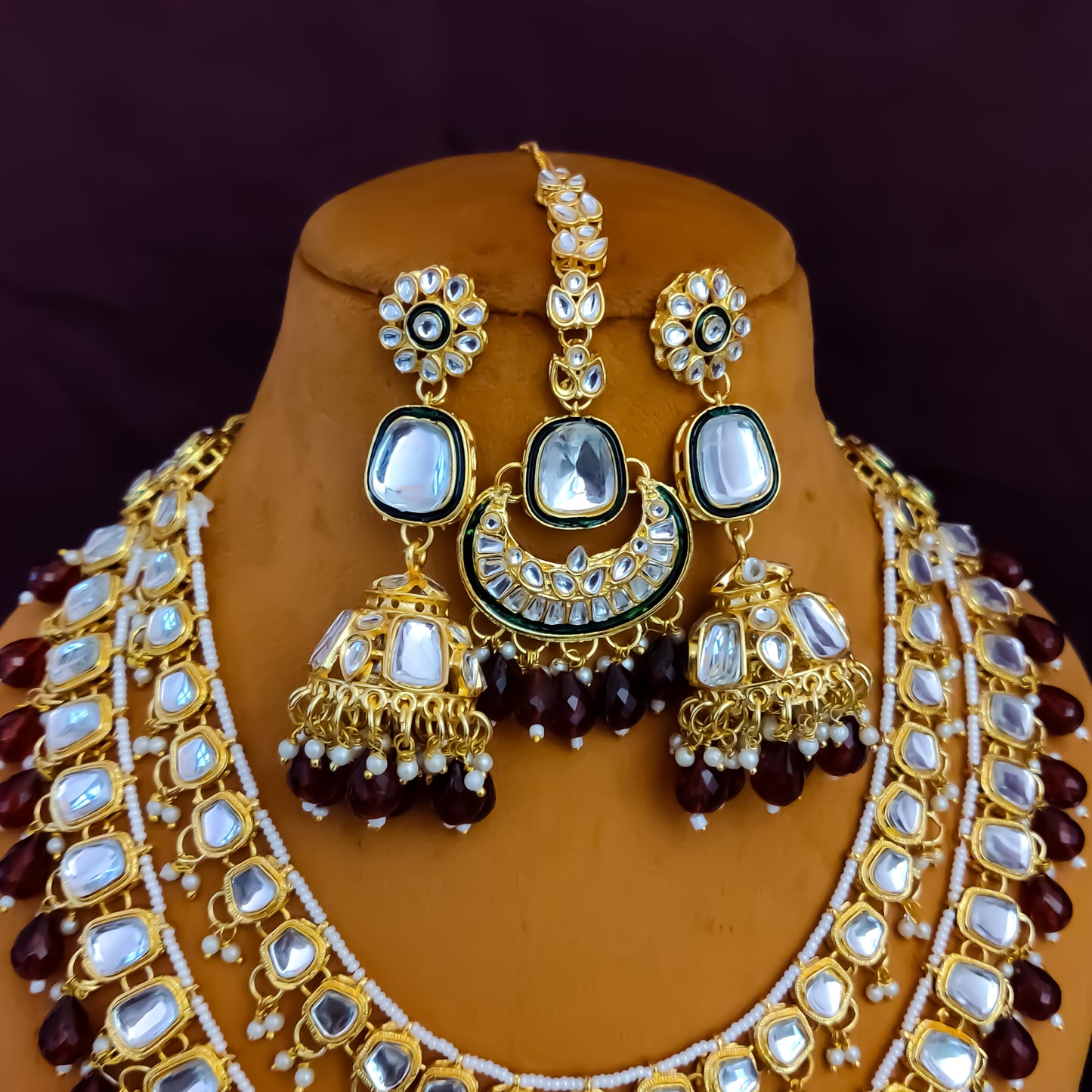 Deep Double layer Kundan Necklace Set - Maroon