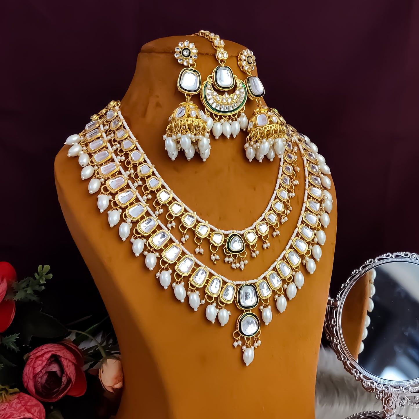 Deep Double layer Kundan Necklace Set - Golden