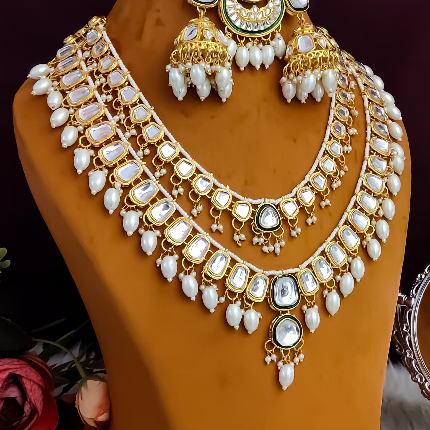 Deep Double layer Kundan Necklace Set - Golden