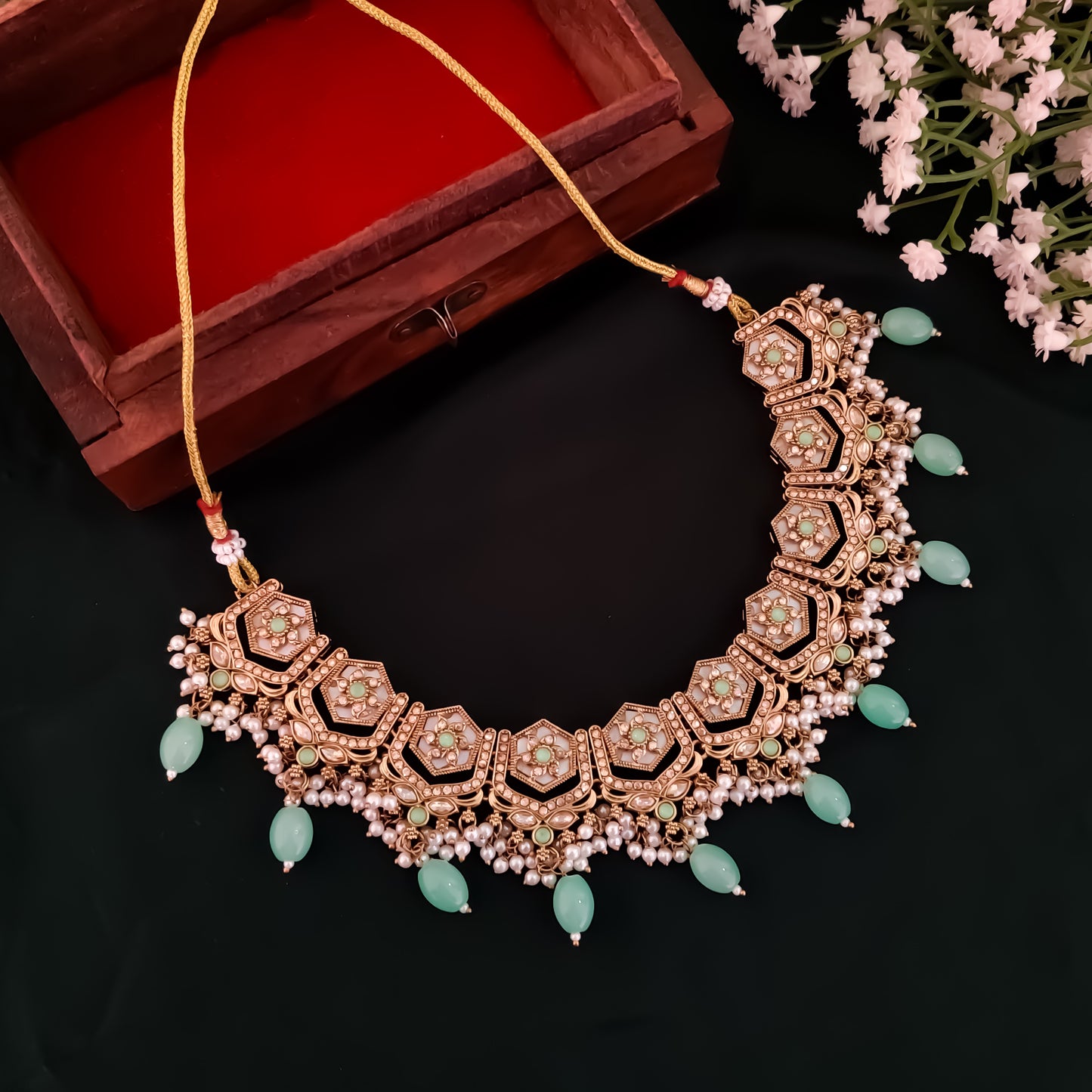 Mahal MOP Reverse AD Necklace Set - Pastel Green