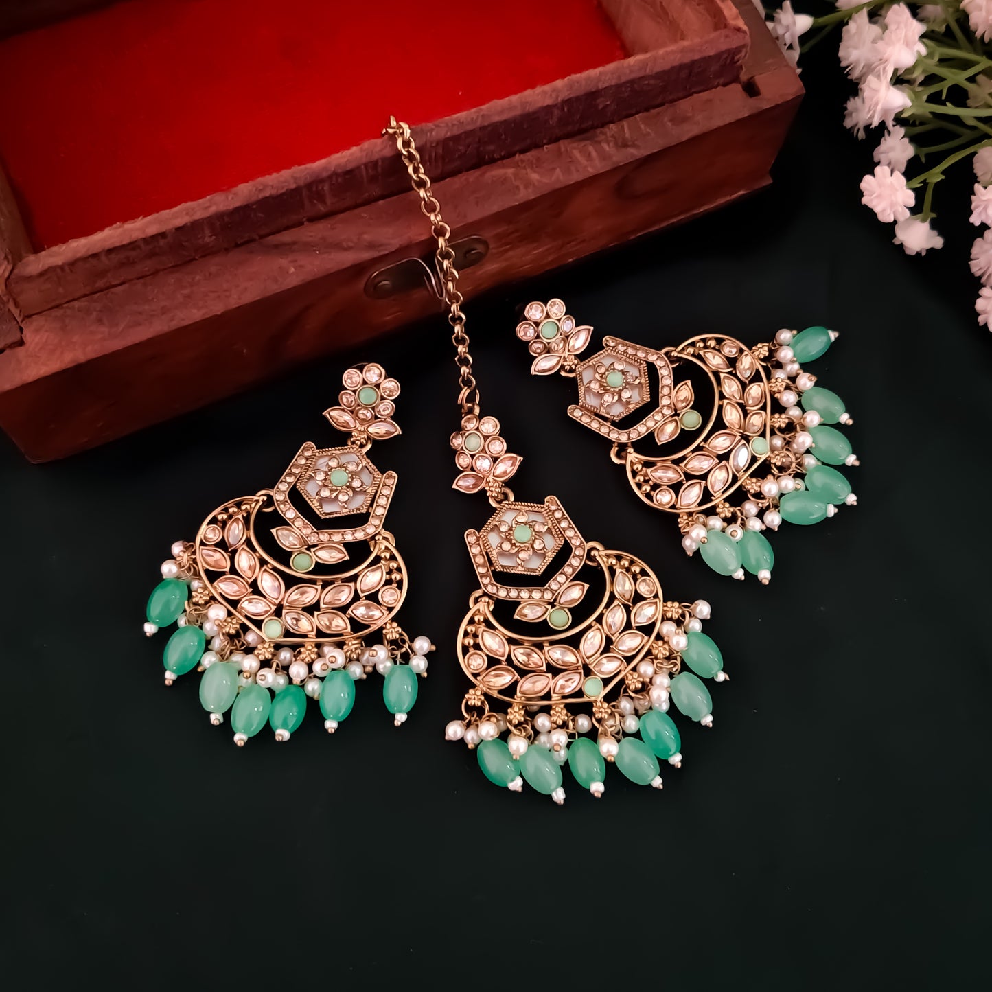 Mahal MOP Reverse AD Necklace Set - Pastel Green