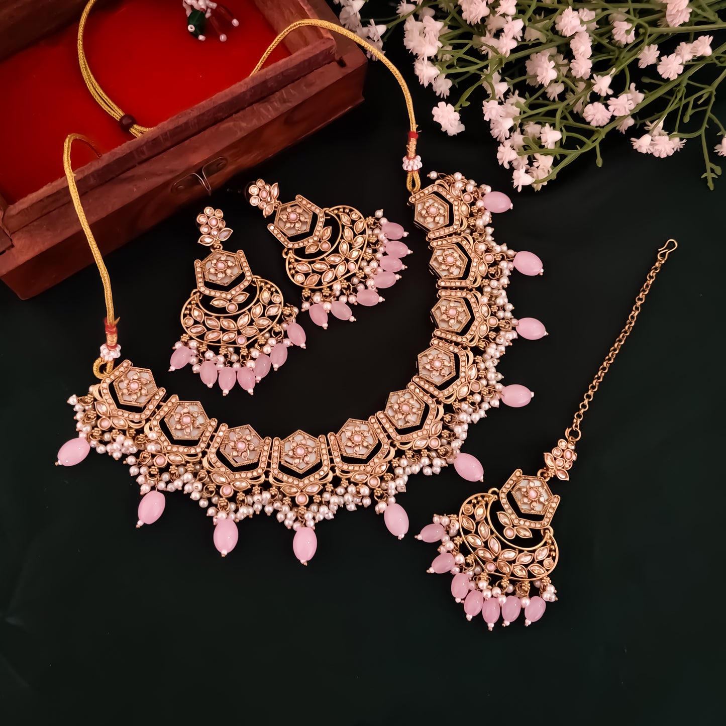 Mahal MOP Reverse AD Necklace Set - Baby Pink
