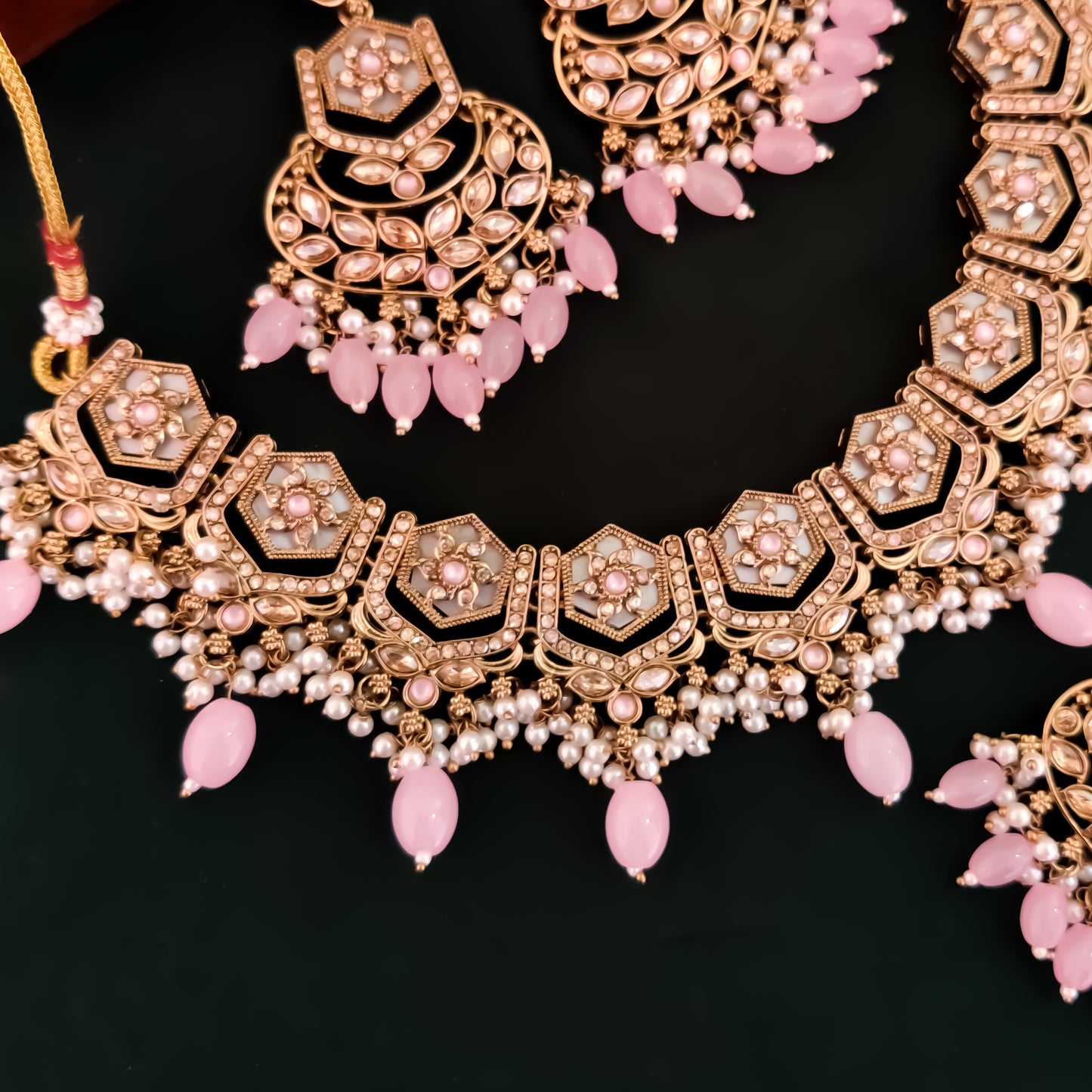 Mahal MOP Reverse AD Necklace Set - Baby Pink