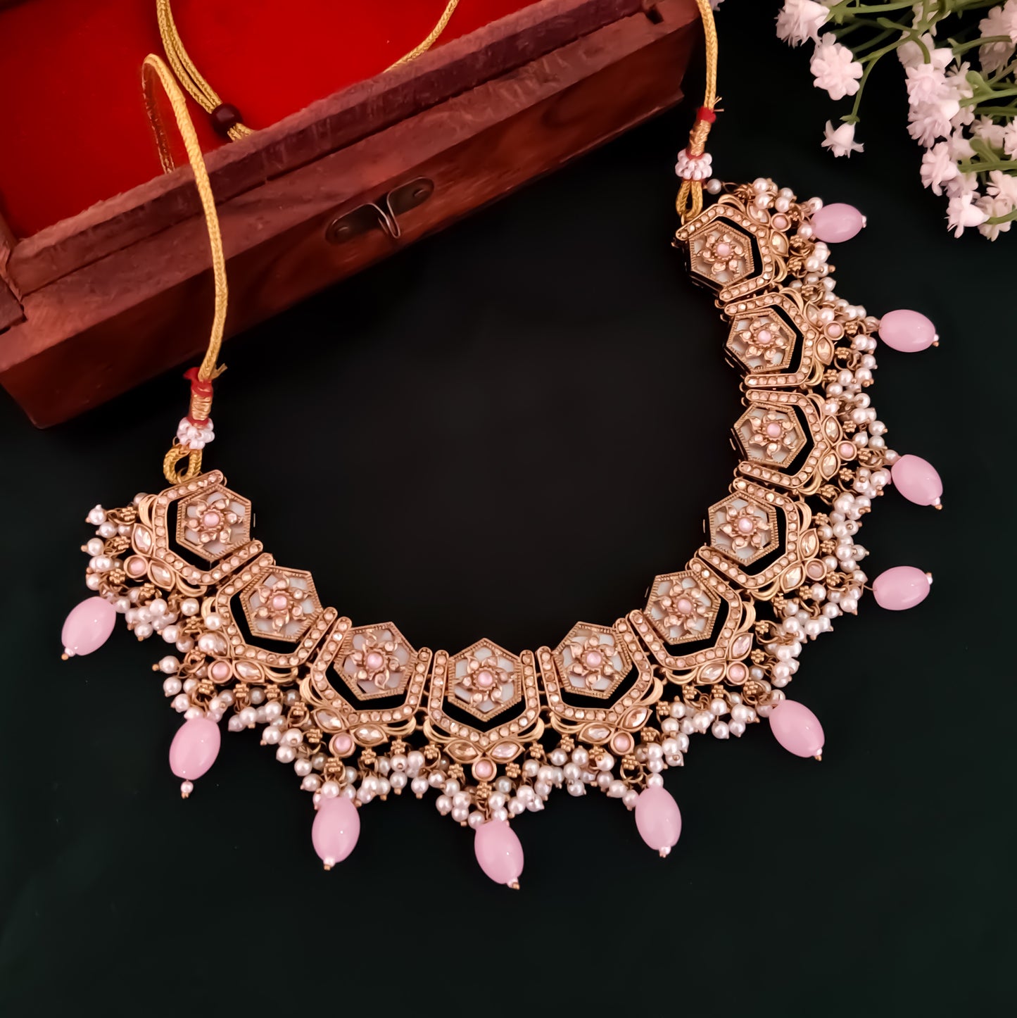 Mahal MOP Reverse AD Necklace Set - Baby Pink