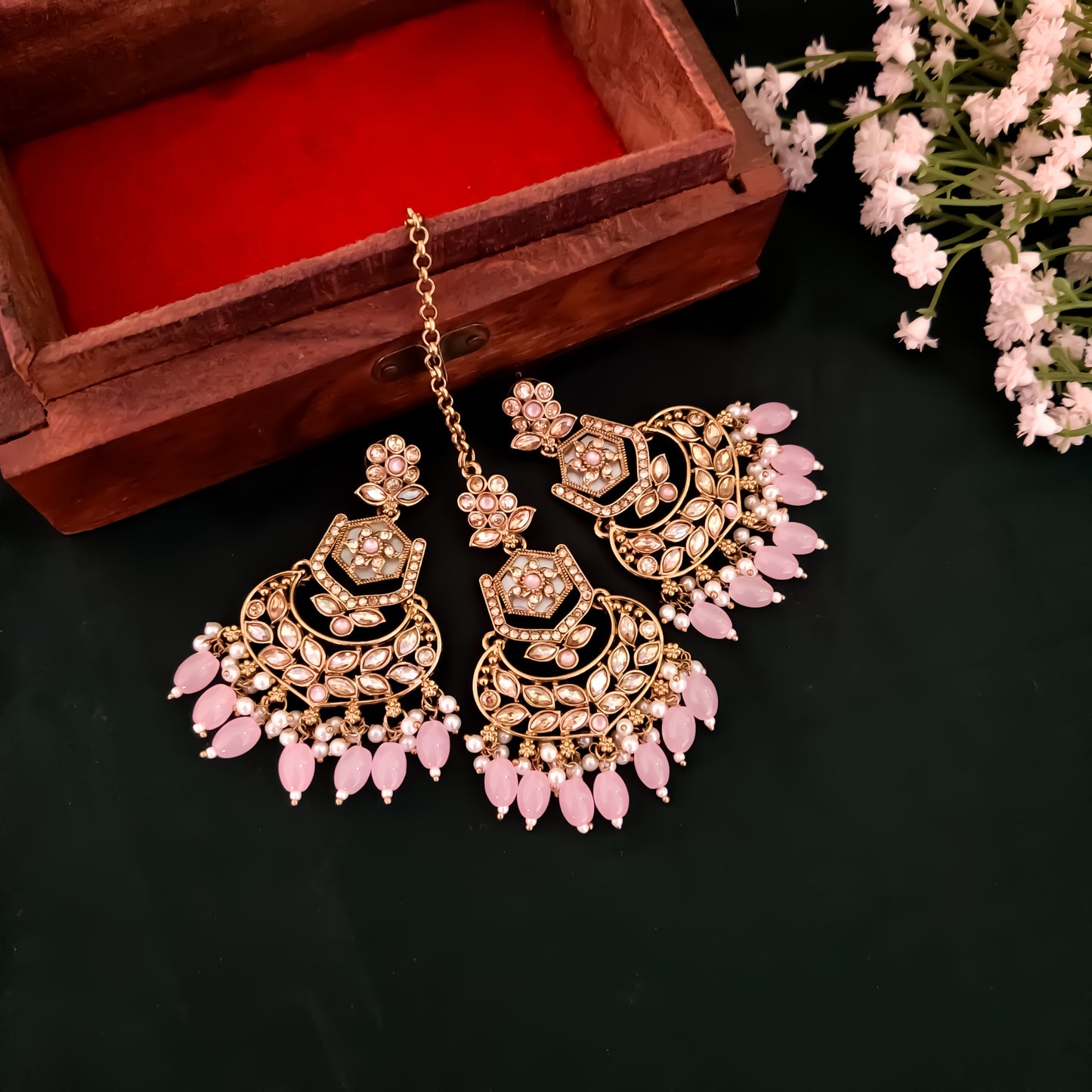 Mahal MOP Reverse AD Necklace Set - Baby Pink