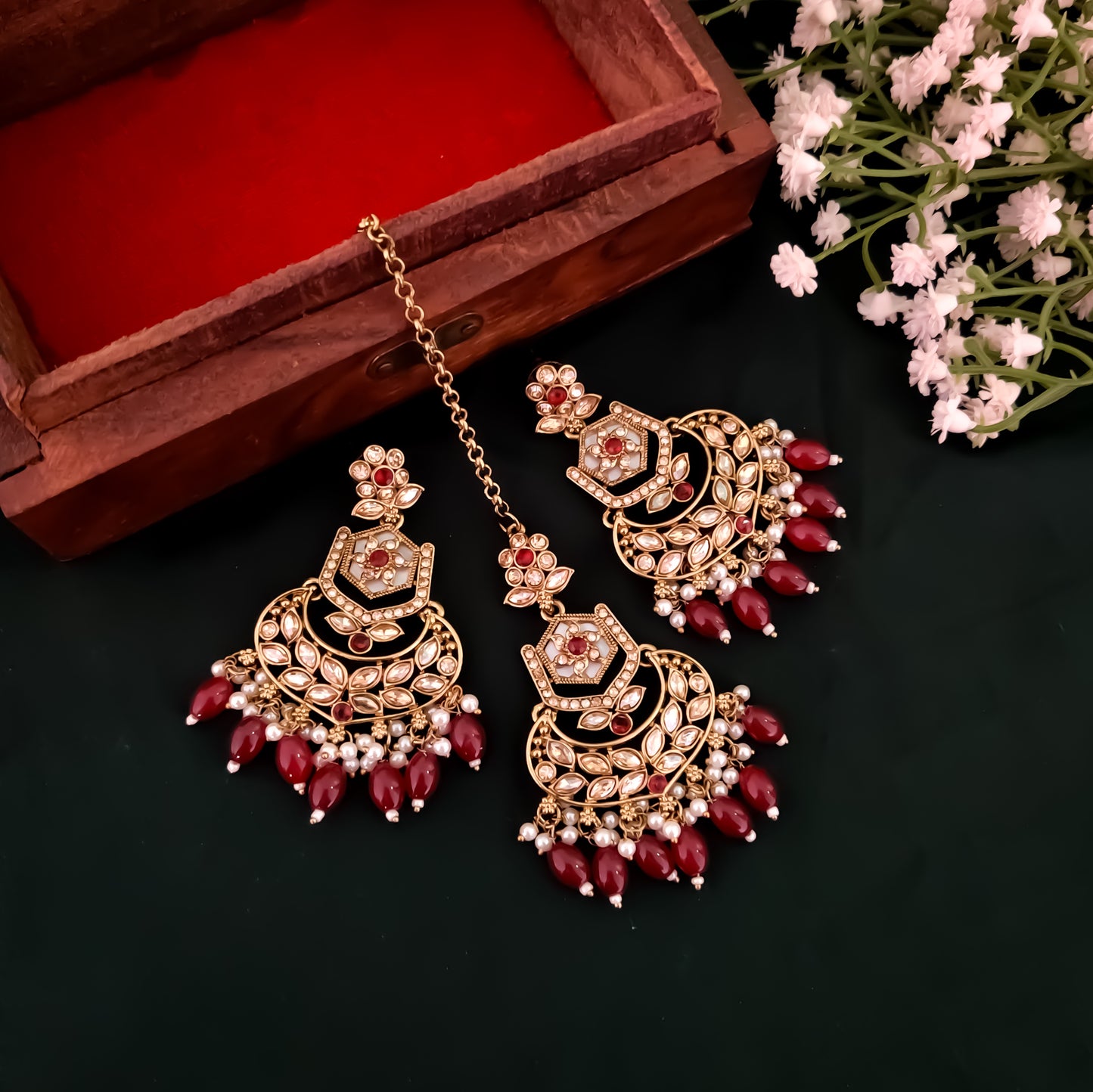 Mahal MOP Reverse AD Necklace Set - Maroon