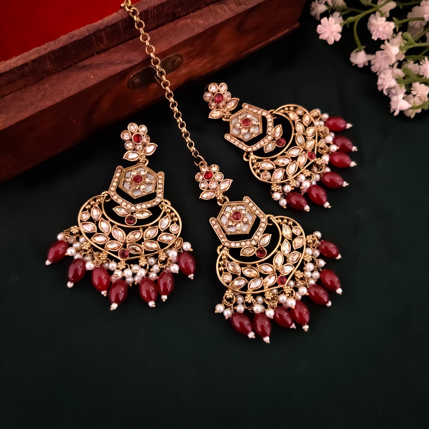 Mahal MOP Reverse AD Necklace Set - Maroon