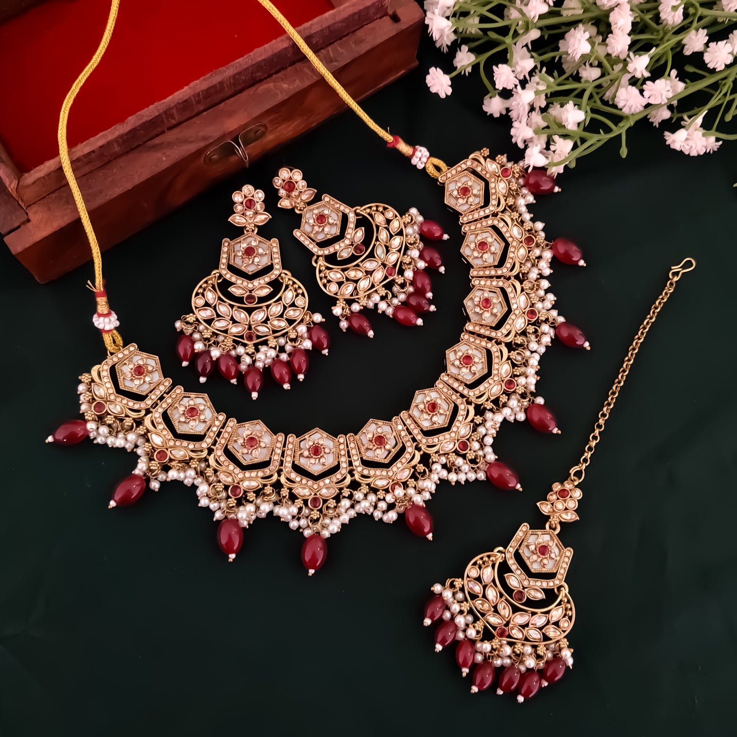 Mahal MOP Reverse AD Necklace Set - Maroon