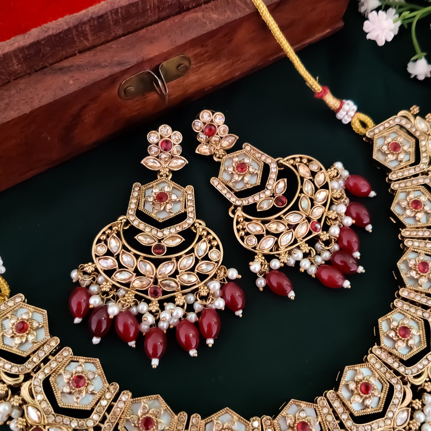 Mahal MOP Reverse AD Necklace Set - Maroon