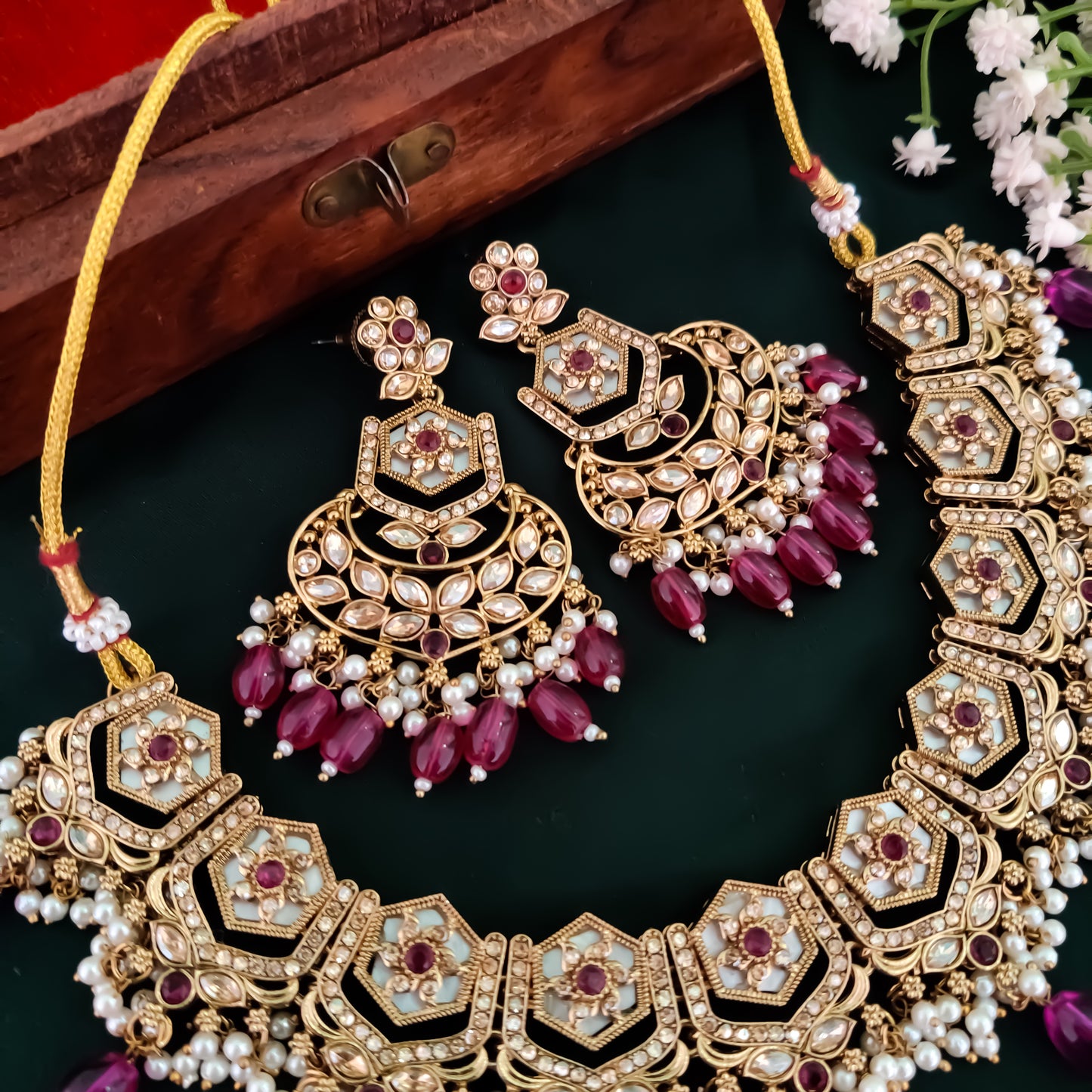 Mahal MOP Reverse AD Necklace Set - Purple
