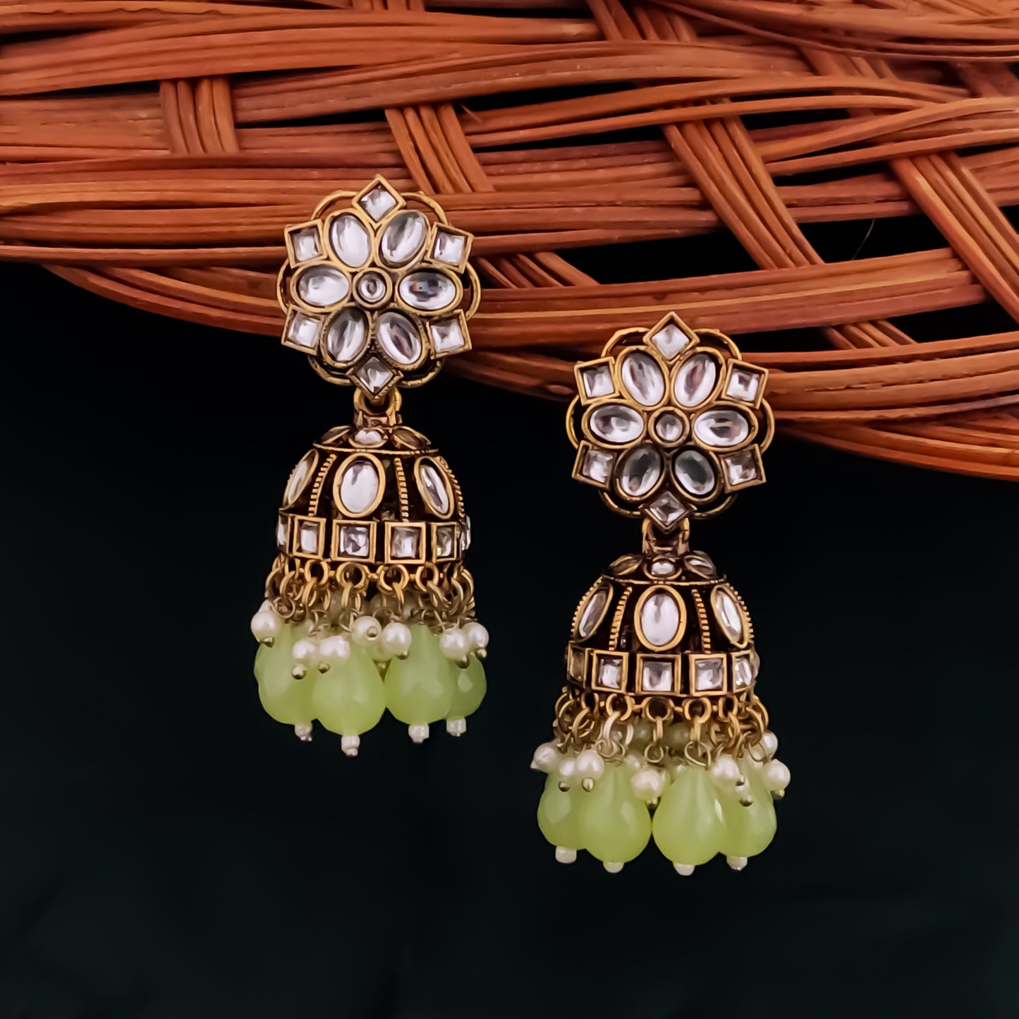 Aashika Pearl Jhumka Earrings- Pista Green