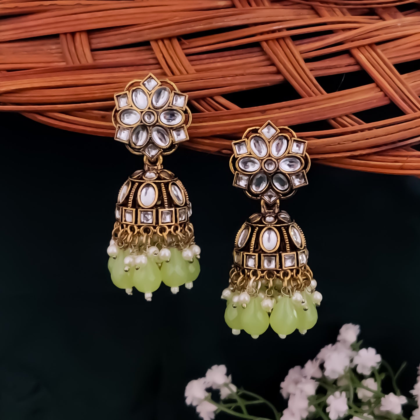 Aashika Pearl Jhumka Earrings- Pista Green