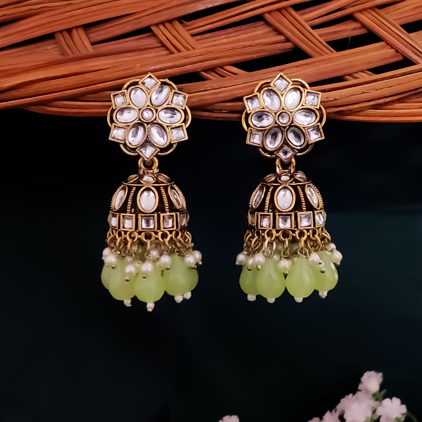 Aashika Pearl Jhumka Earrings- Pista Green