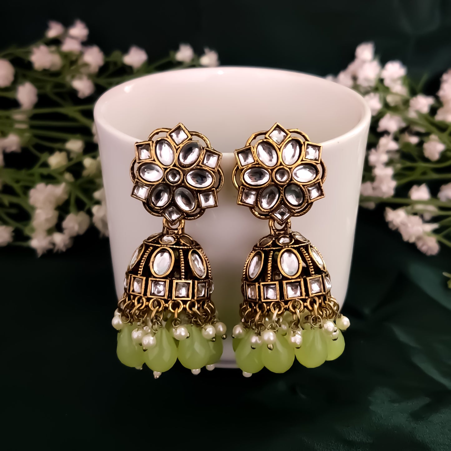 Aashika Pearl Jhumka Earrings- Pista Green