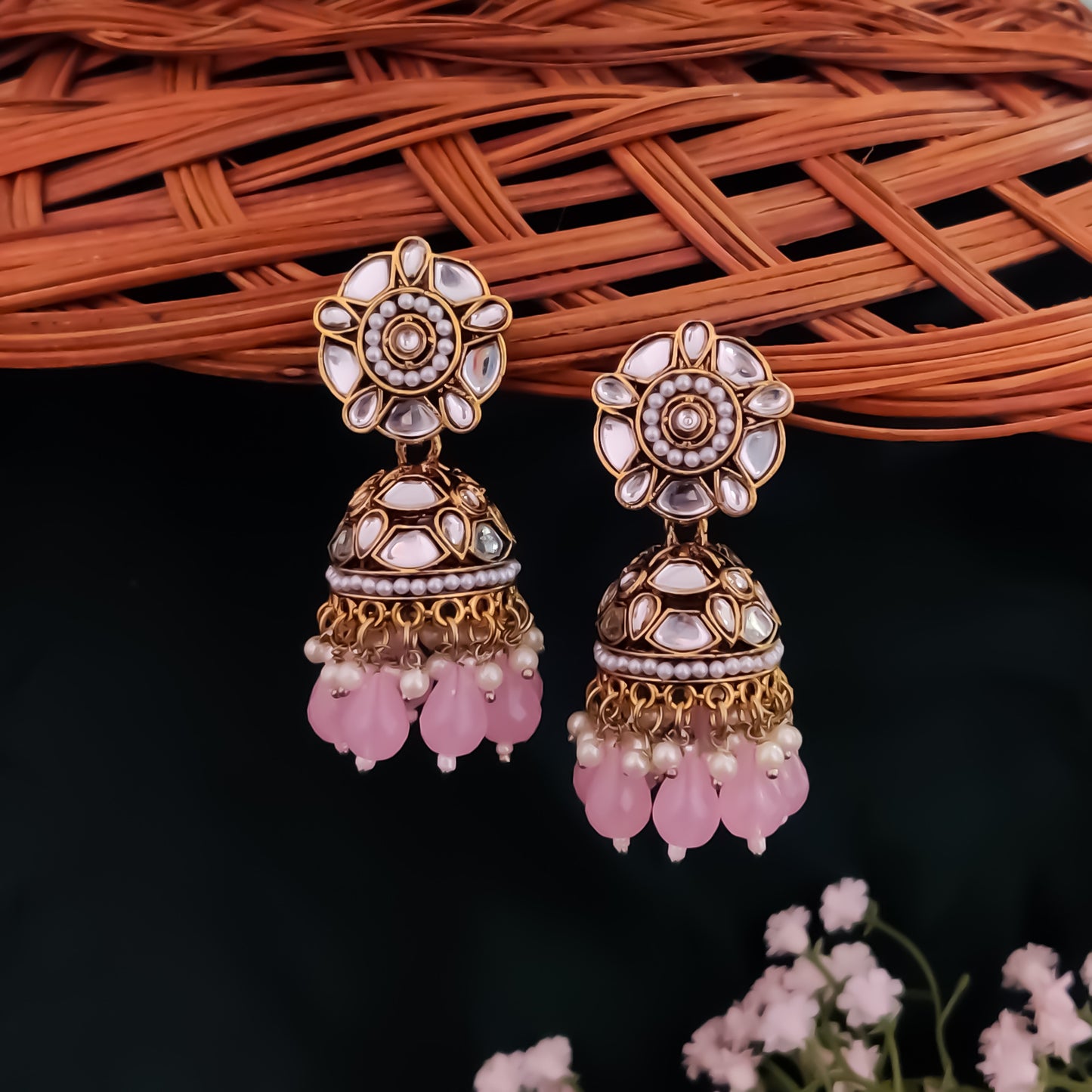 Ruhani Pearl Jhumka Earrings- Baby Pink