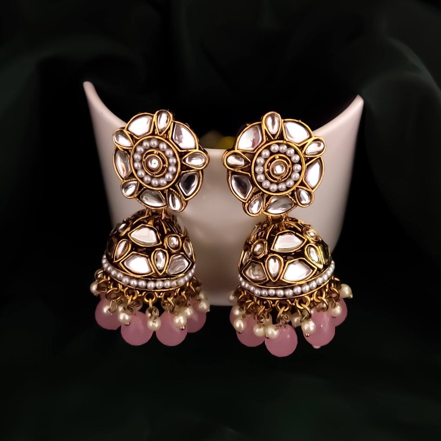 Ruhani Pearl Jhumka Earrings- Baby Pink