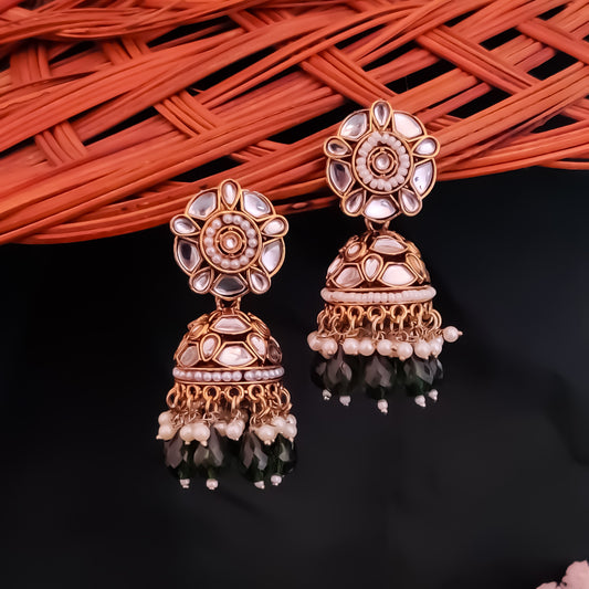 Ruhani Pearl Jhumka Earrings- Green