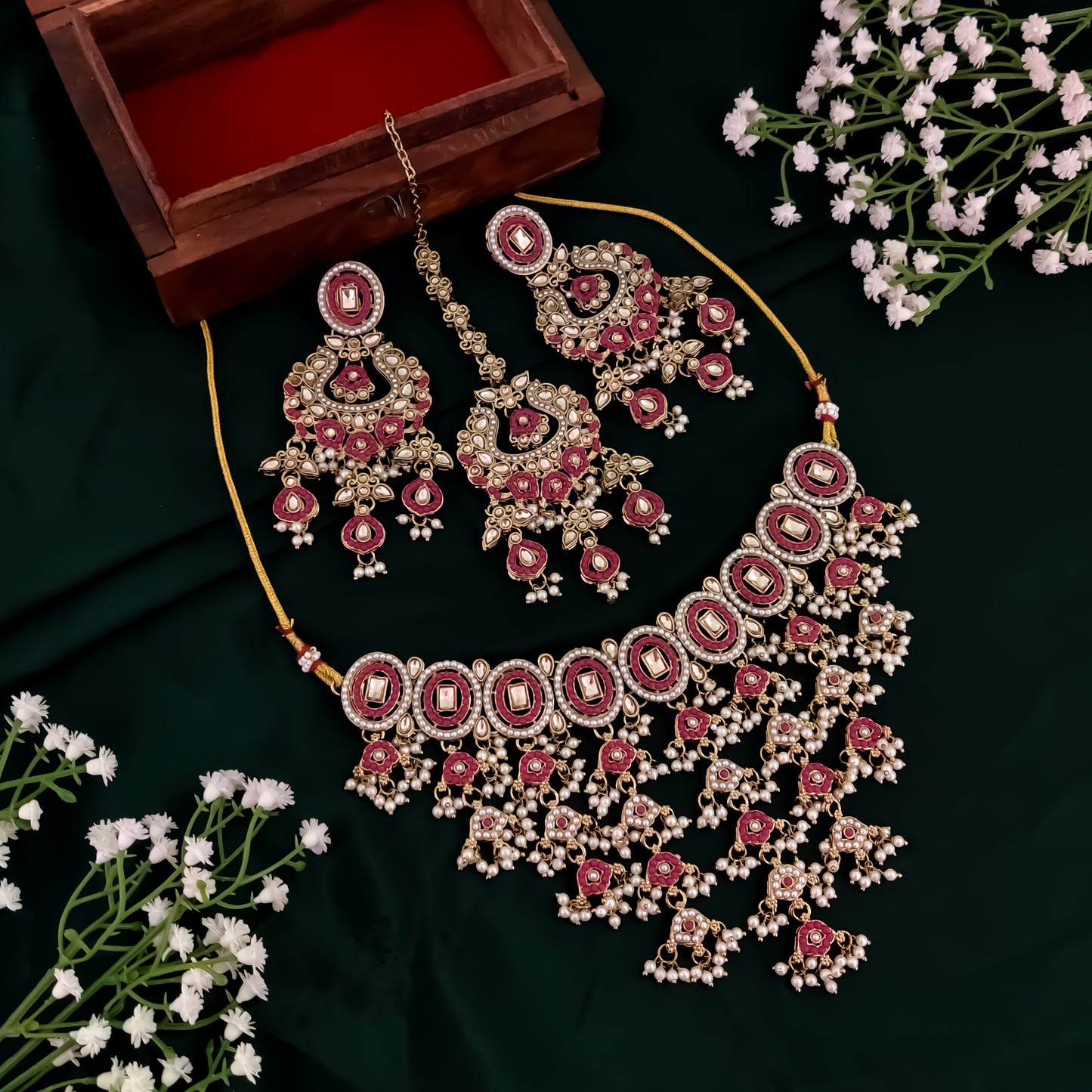 Rehan Jadau Reverse AD Necklace Set - Pink