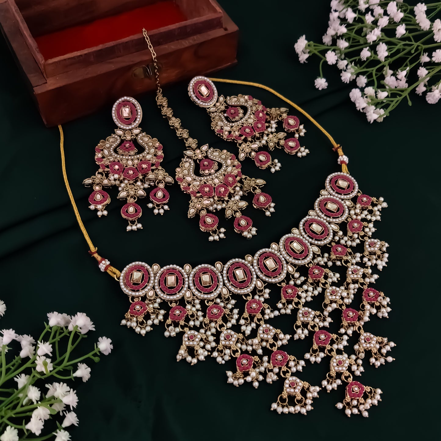 Rehan Jadau Reverse AD Necklace Set - Pink