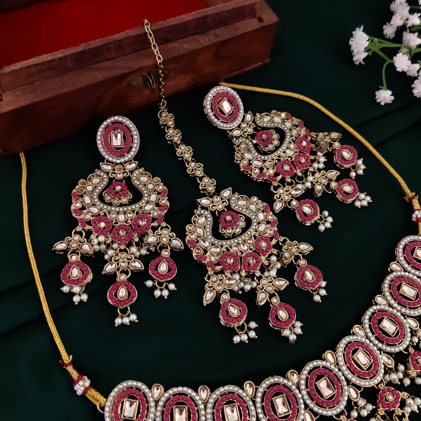 Rehan Jadau Reverse AD Necklace Set - Pink