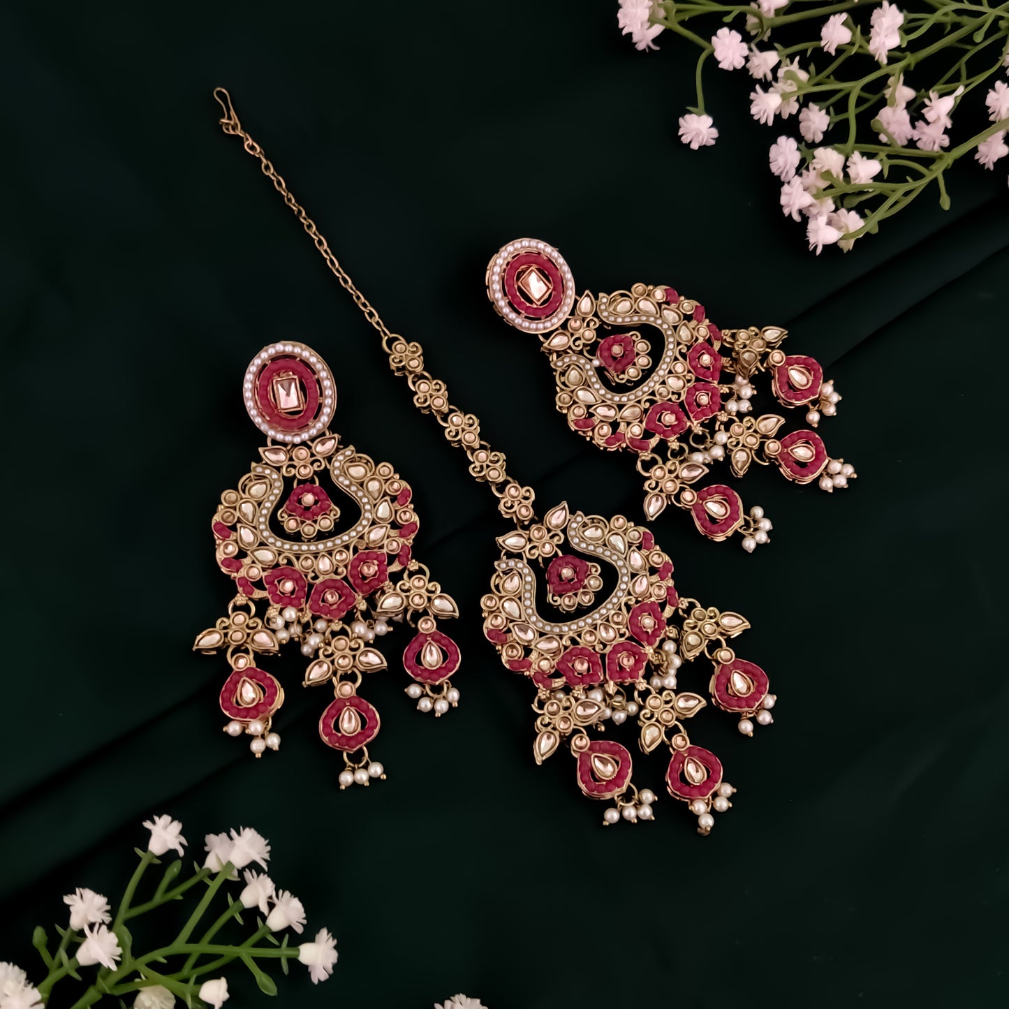 Rehan Jadau Reverse AD Necklace Set - Pink