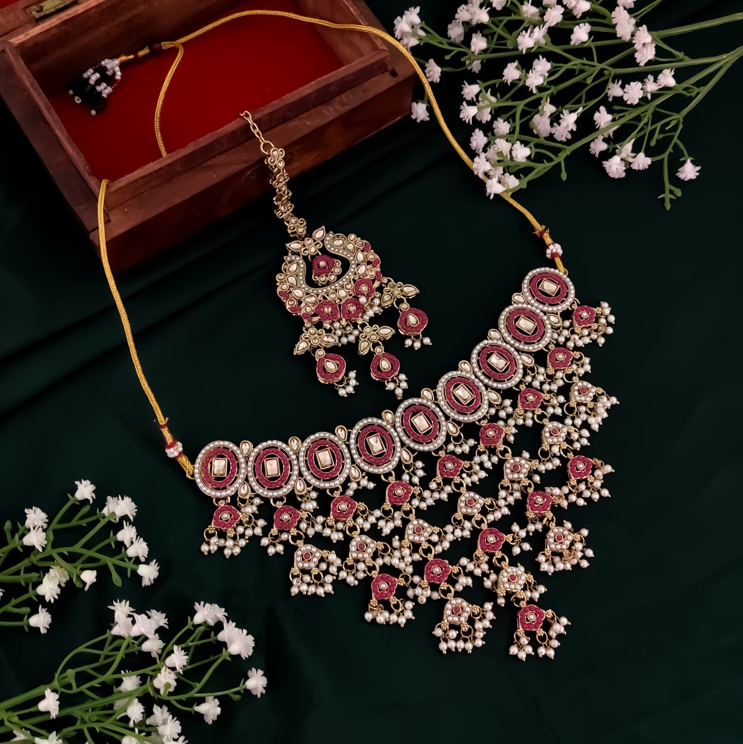 Rehan Jadau Reverse AD Necklace Set - Pink