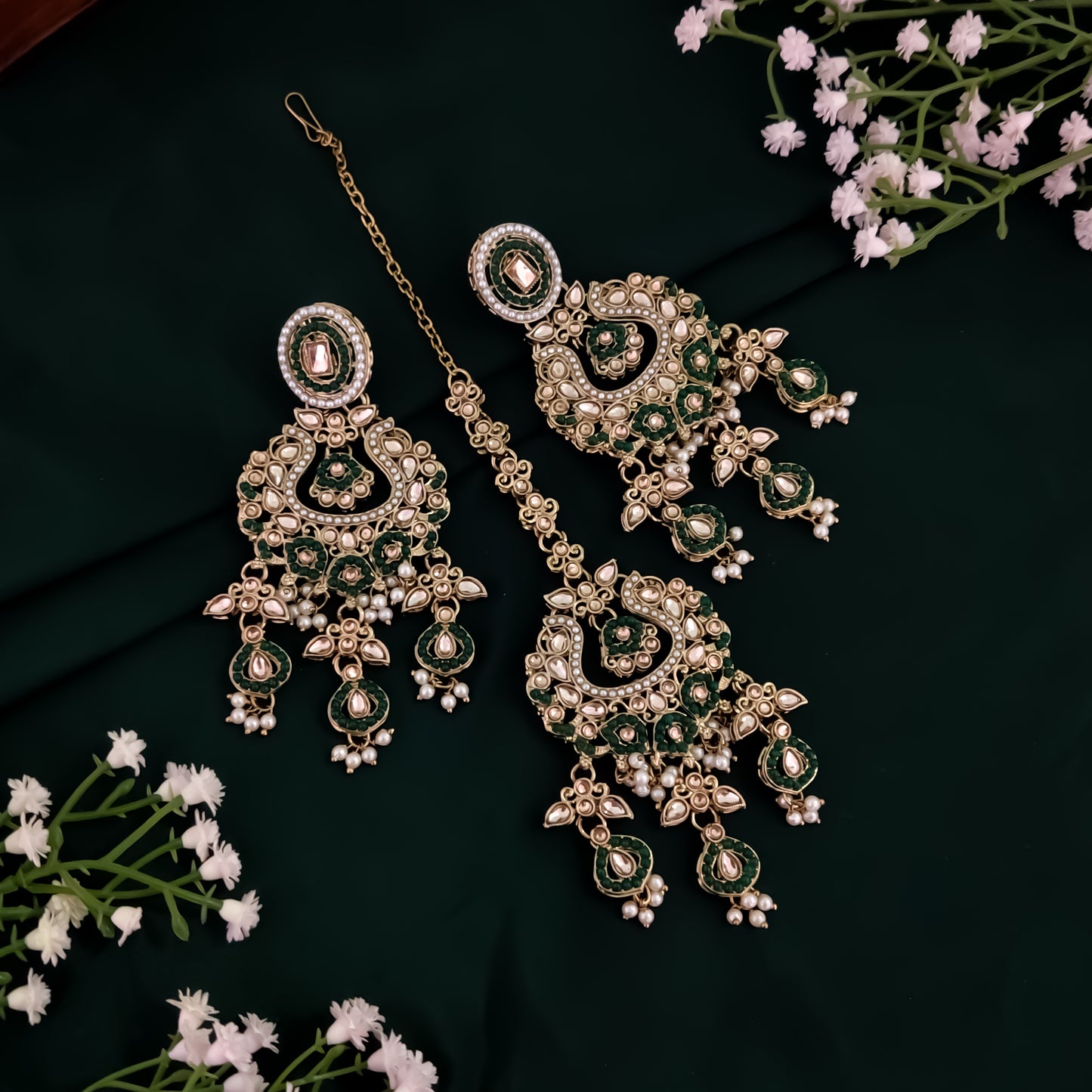 Rehan Jadau Reverse AD Necklace Set - Green