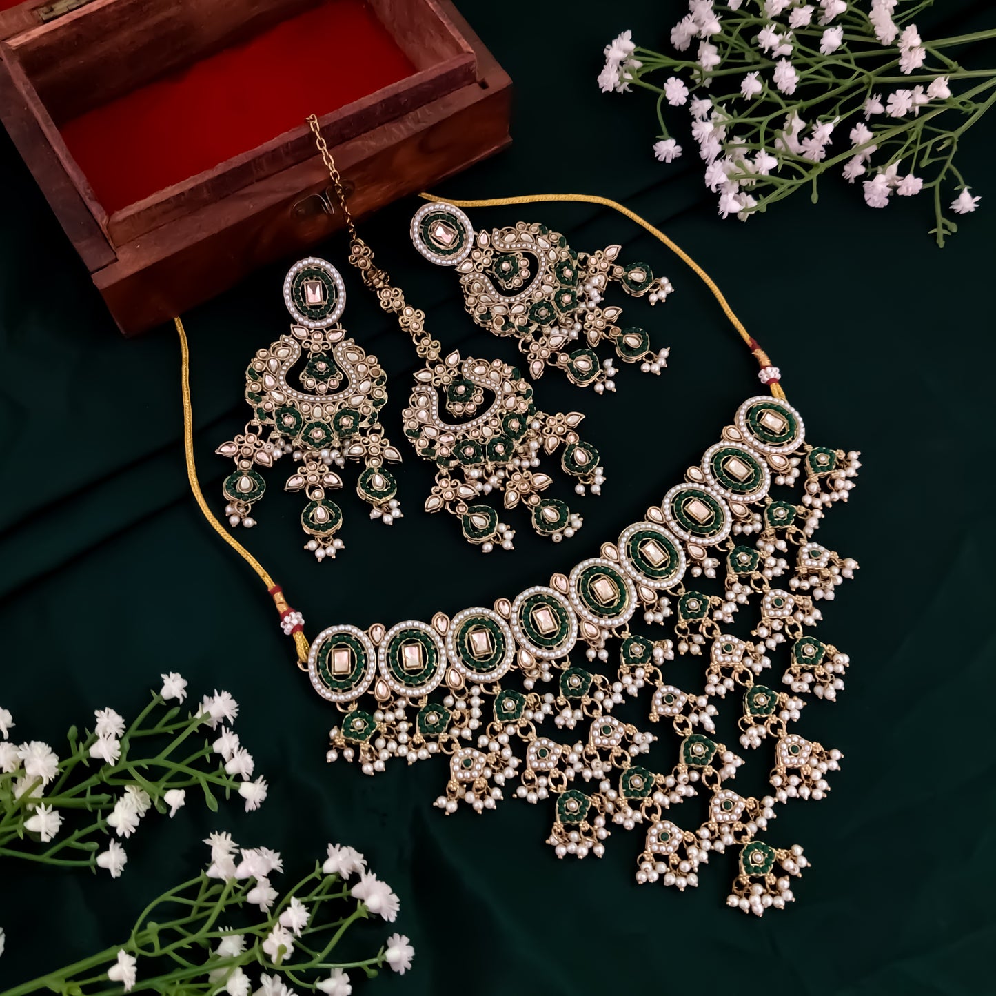 Rehan Jadau Reverse AD Necklace Set - Green