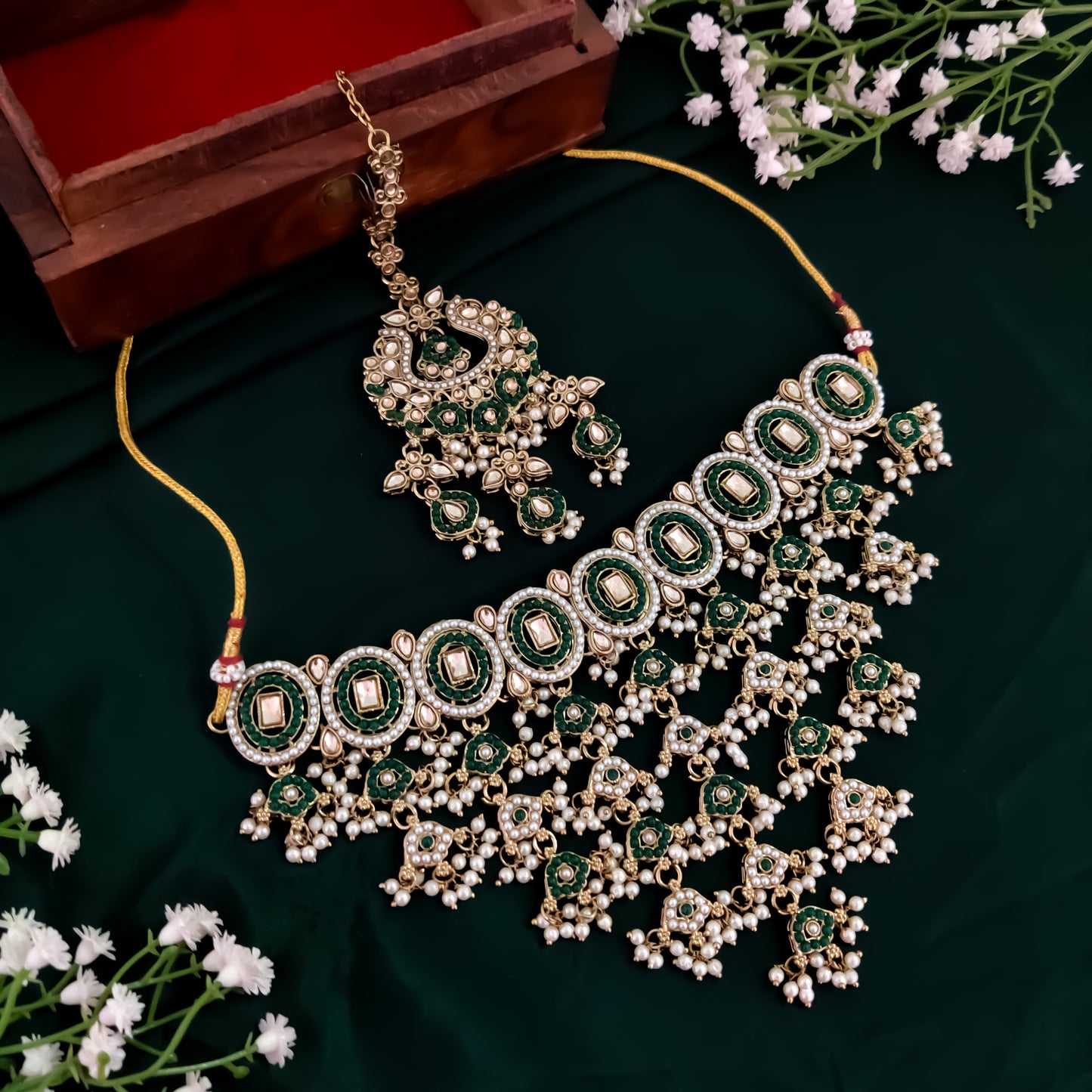 Rehan Jadau Reverse AD Necklace Set - Green