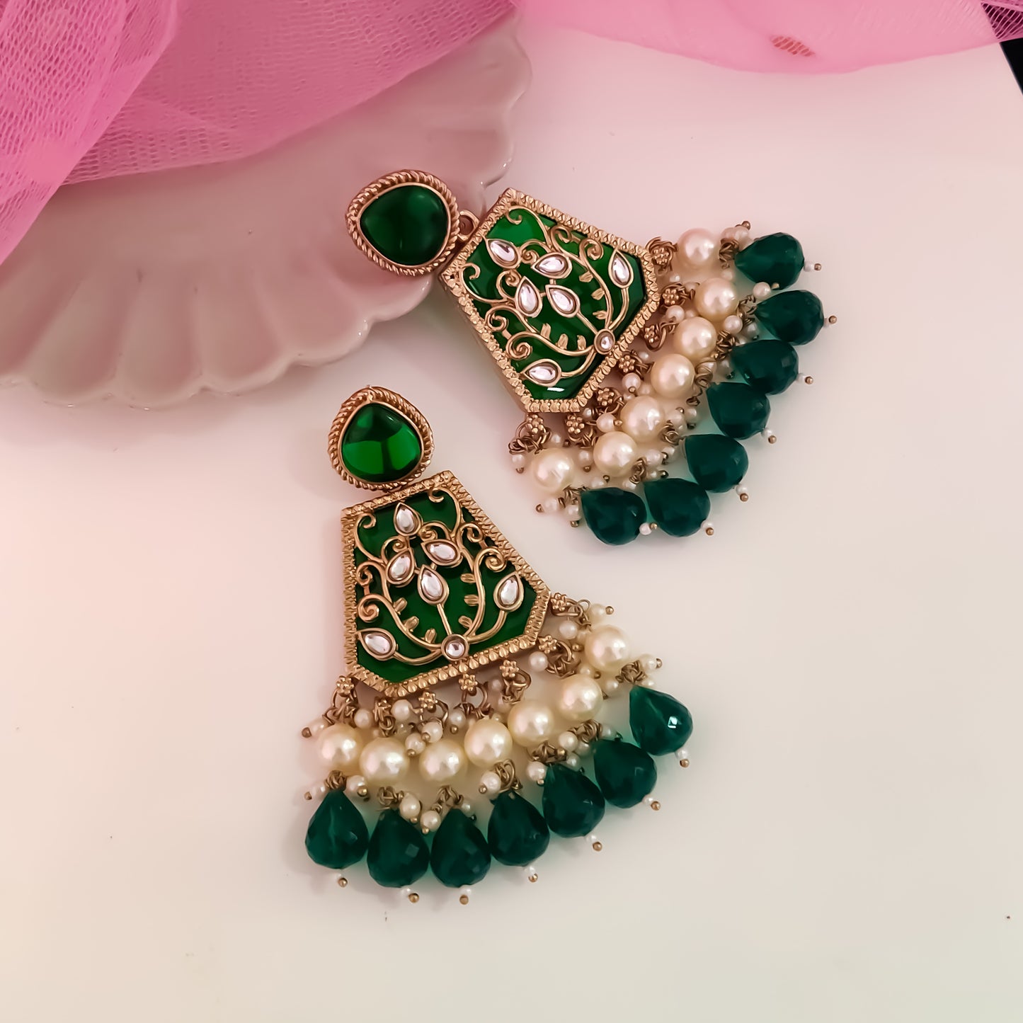Sanskriti MOP Pearl Chandbali - Green