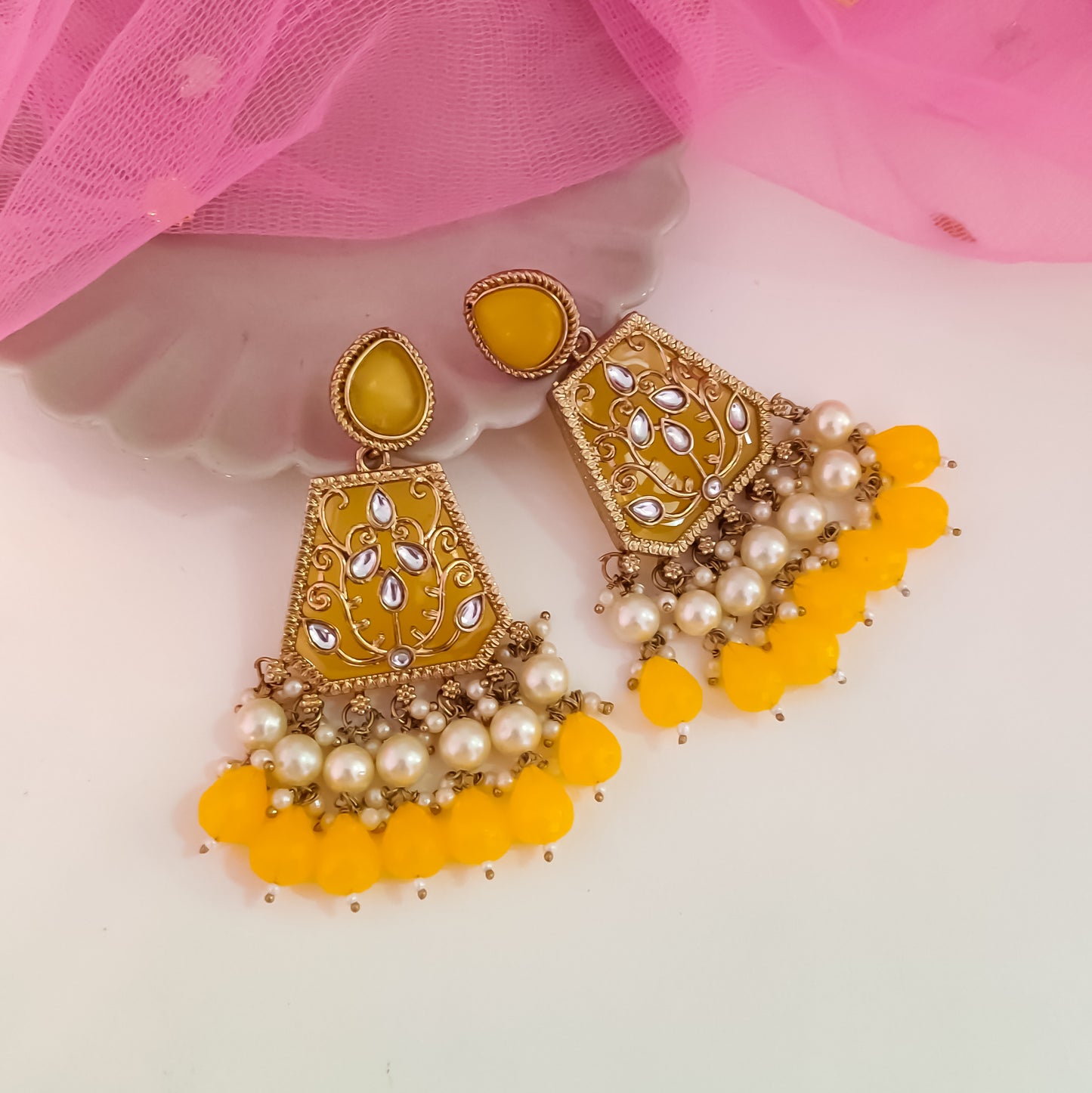 Sanskriti MOP Pearl Chandbali - Yellow
