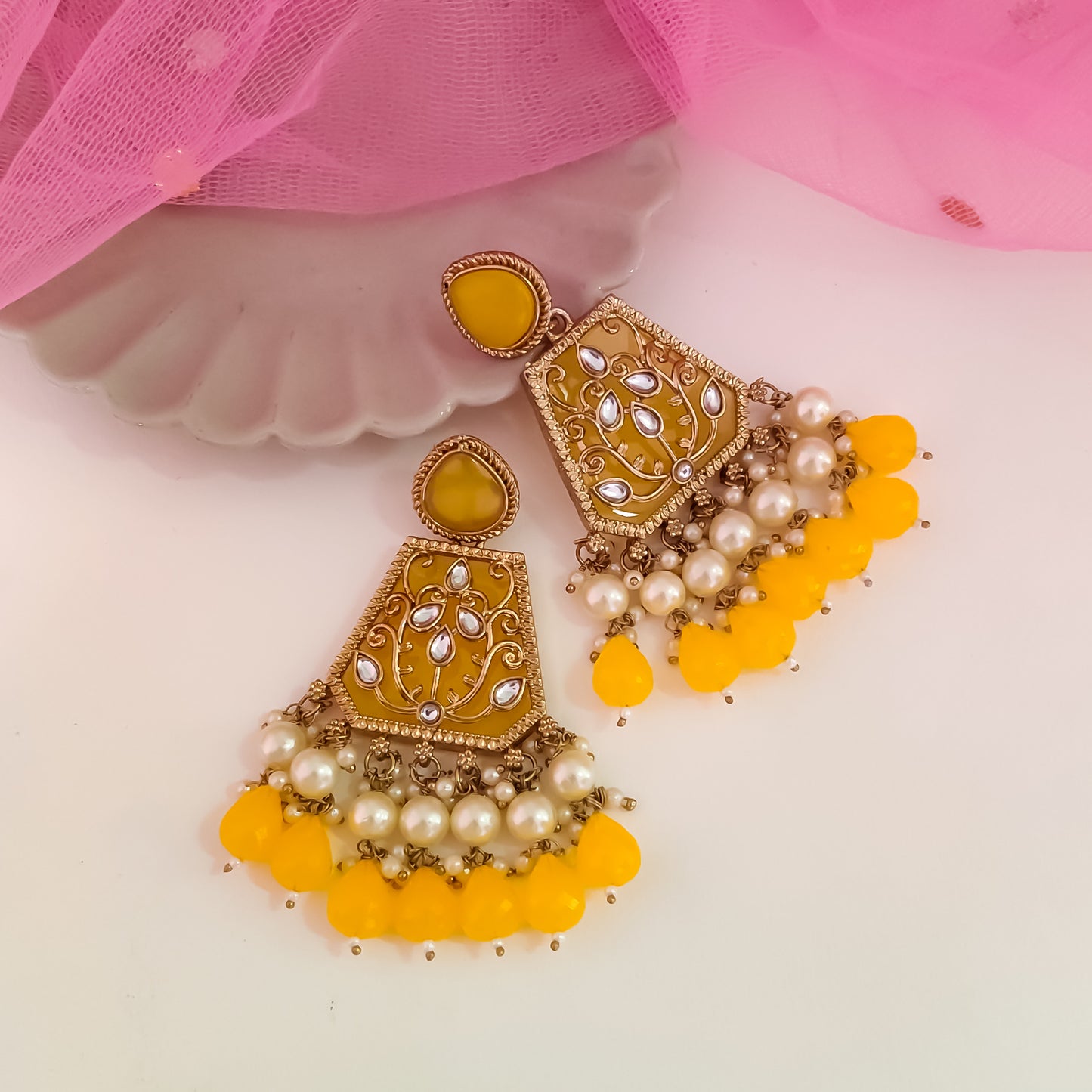 Sanskriti MOP Pearl Chandbali - Yellow