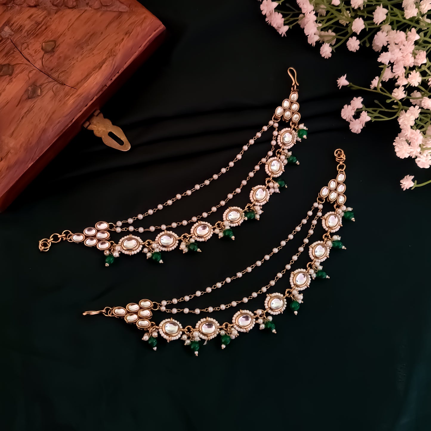 Shagun Kundan Detachable Earchains - Green