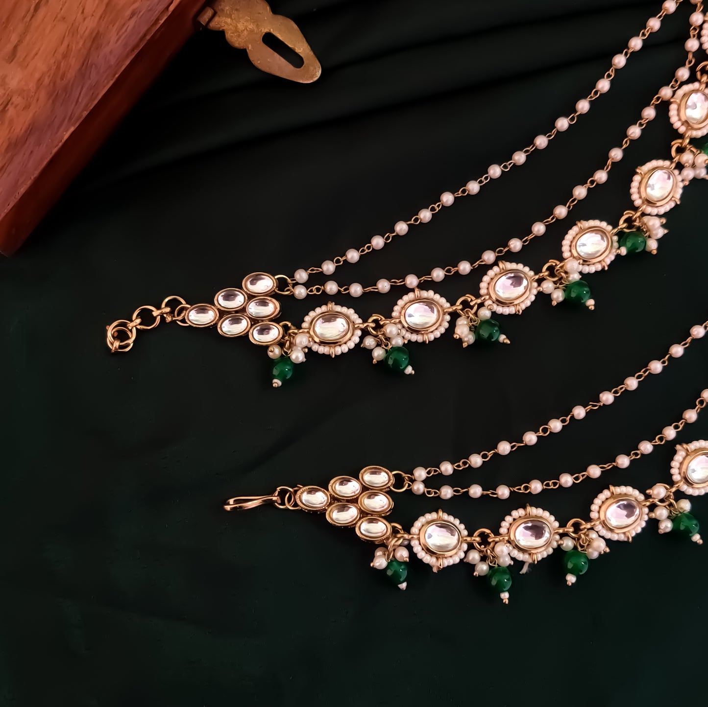 Shagun Kundan Detachable Earchains - Green