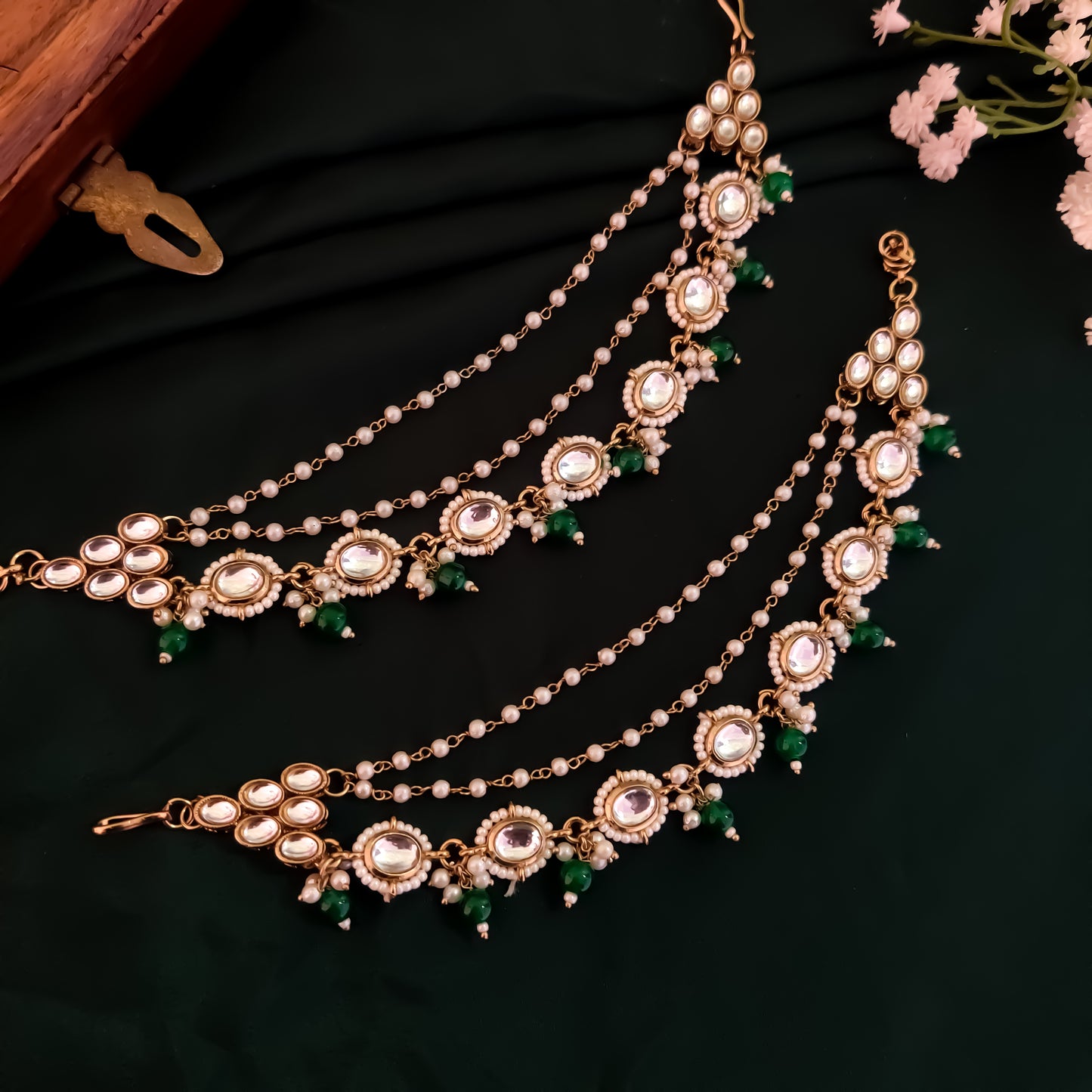 Shagun Kundan Detachable Earchains - Green