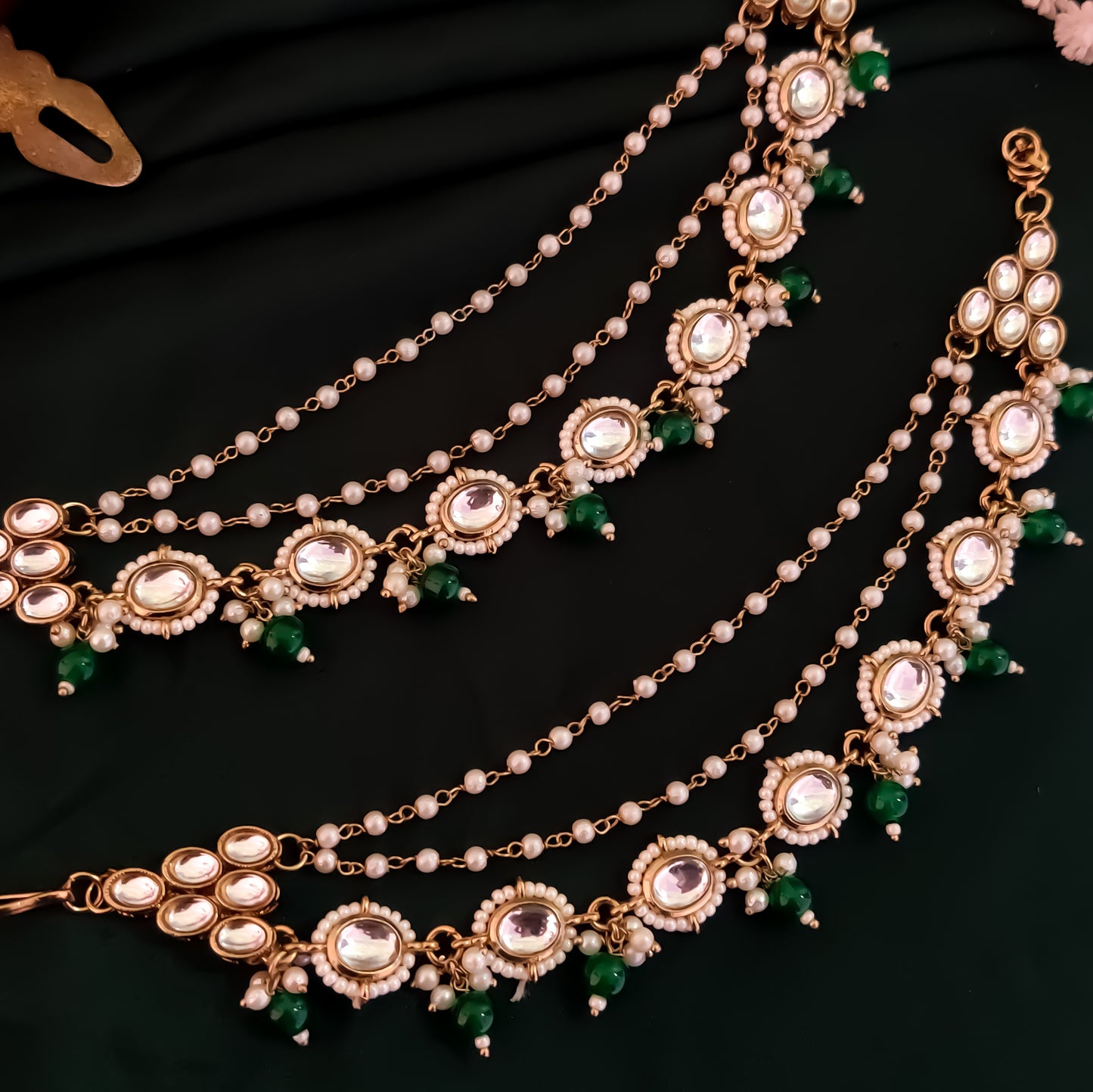 Shagun Kundan Detachable Earchains - Green