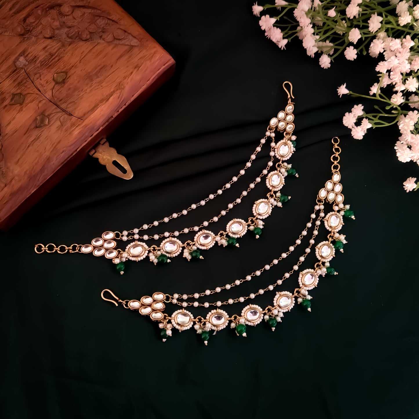 Shagun Kundan Detachable Earchains - Green