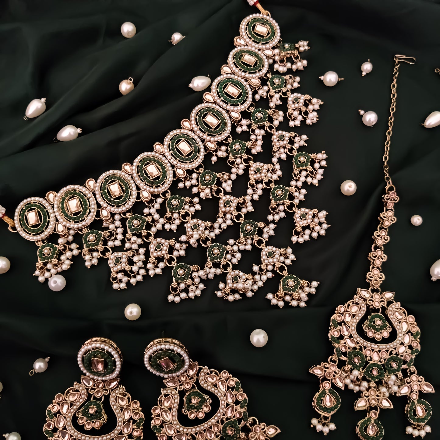 Rehan Jadau Reverse AD Necklace Set - Green
