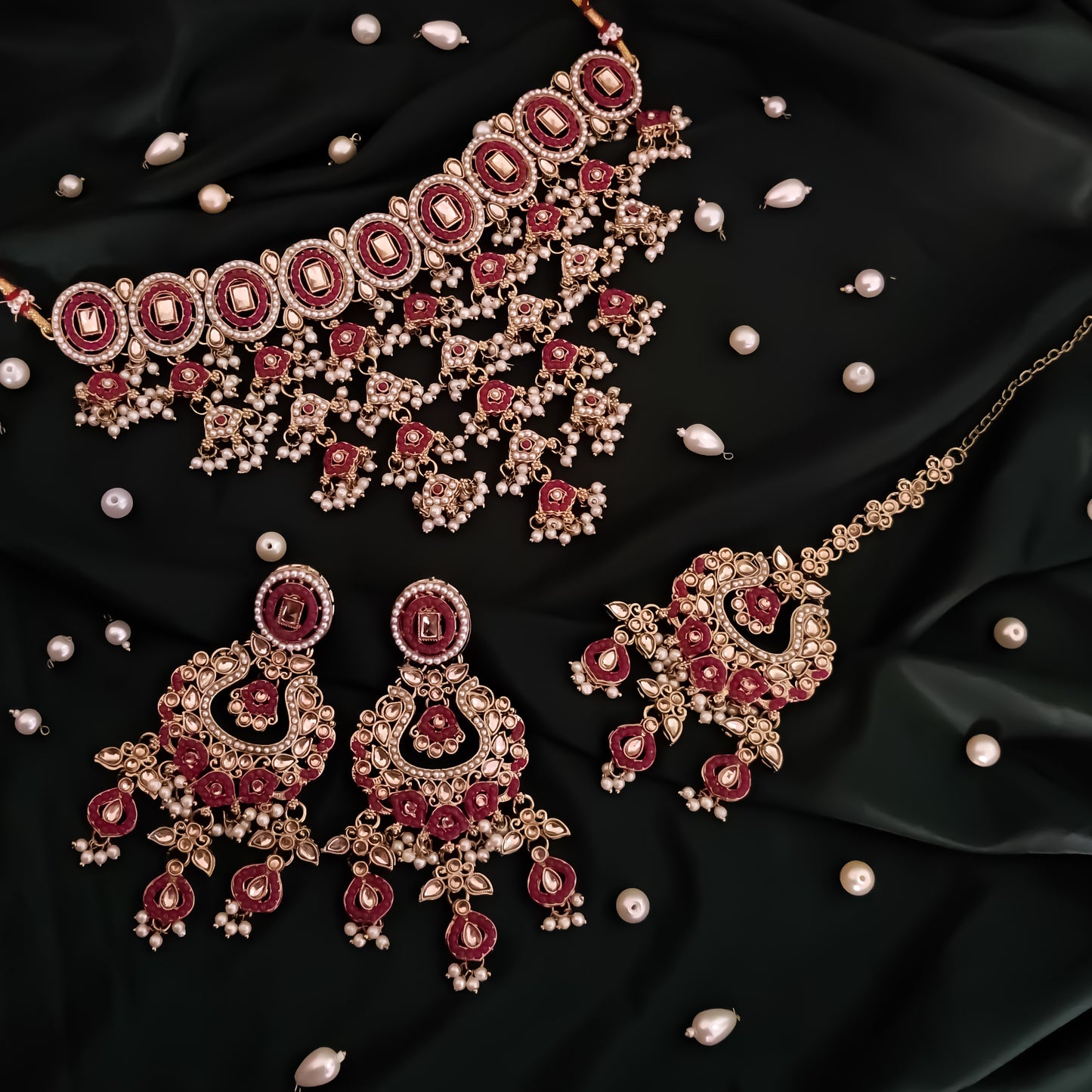 Rehan Jadau Reverse AD Necklace Set - Pink