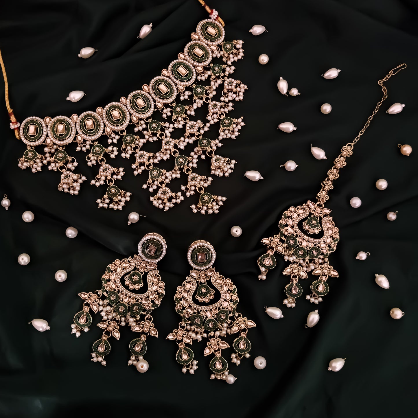 Rehan Jadau Reverse AD Necklace Set - Green